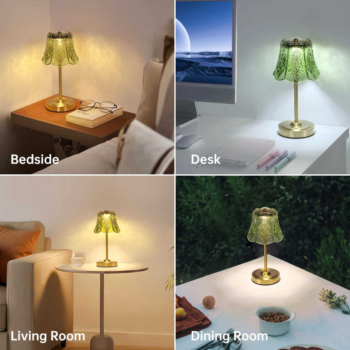 Cordless Touch Table Lamp with 5200mAh Battery - 3 Adjustable Color Temperatures & Dimmable, Rechargeable Desk Lamp for Bedroom, Living Room, Office, Entryway, Bookshelves (Green Rose)
