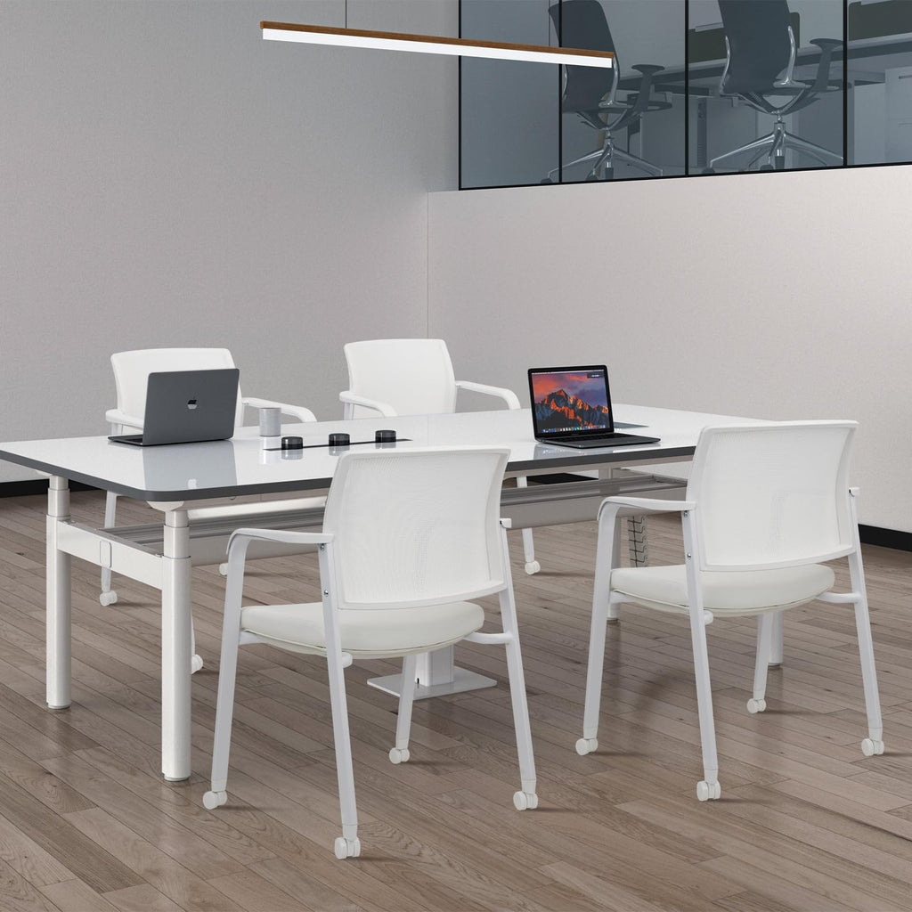 Stacking Office Chairs with Wheels | Mesh Back, Thicken Leather Seat and Streamline Armrests, Ergonomic Lumber Support | School, Desk, Guest Reception, Waiting, Conference, White