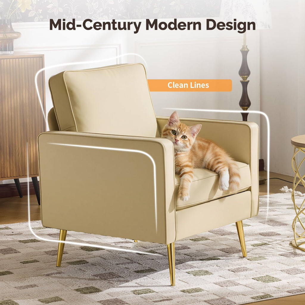 Modern PU Leather Accent Chairs Set of 2, Single Sofa Chair with Pocket Coil Seat, Metal Backrest & Solid Wood Frame, Upholstered Armchair for Office, Living Room, Bedroom