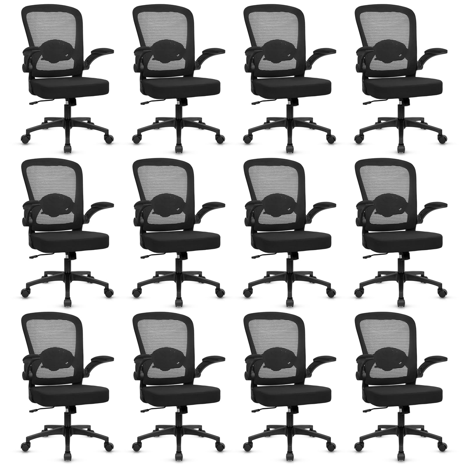 KLASIKA Home Office Desk Chair with Flip Up Armrests, Mesh Back Chair with Adjustable Height Lumbar Support, Ergonomic Computer Task Chair with Wheels for School, Conference, Black(12PK)