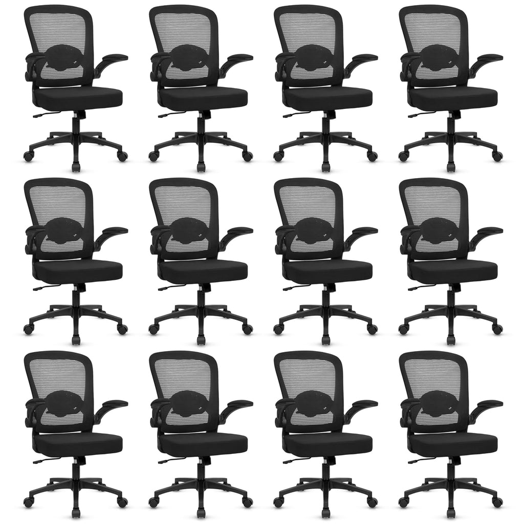 KLASIKA Home Office Desk Chair with Flip Up Armrests, Mesh Back Chair with Adjustable Height Lumbar Support, Ergonomic Computer Task Chair with Wheels for School, Conference, Black(12PK)