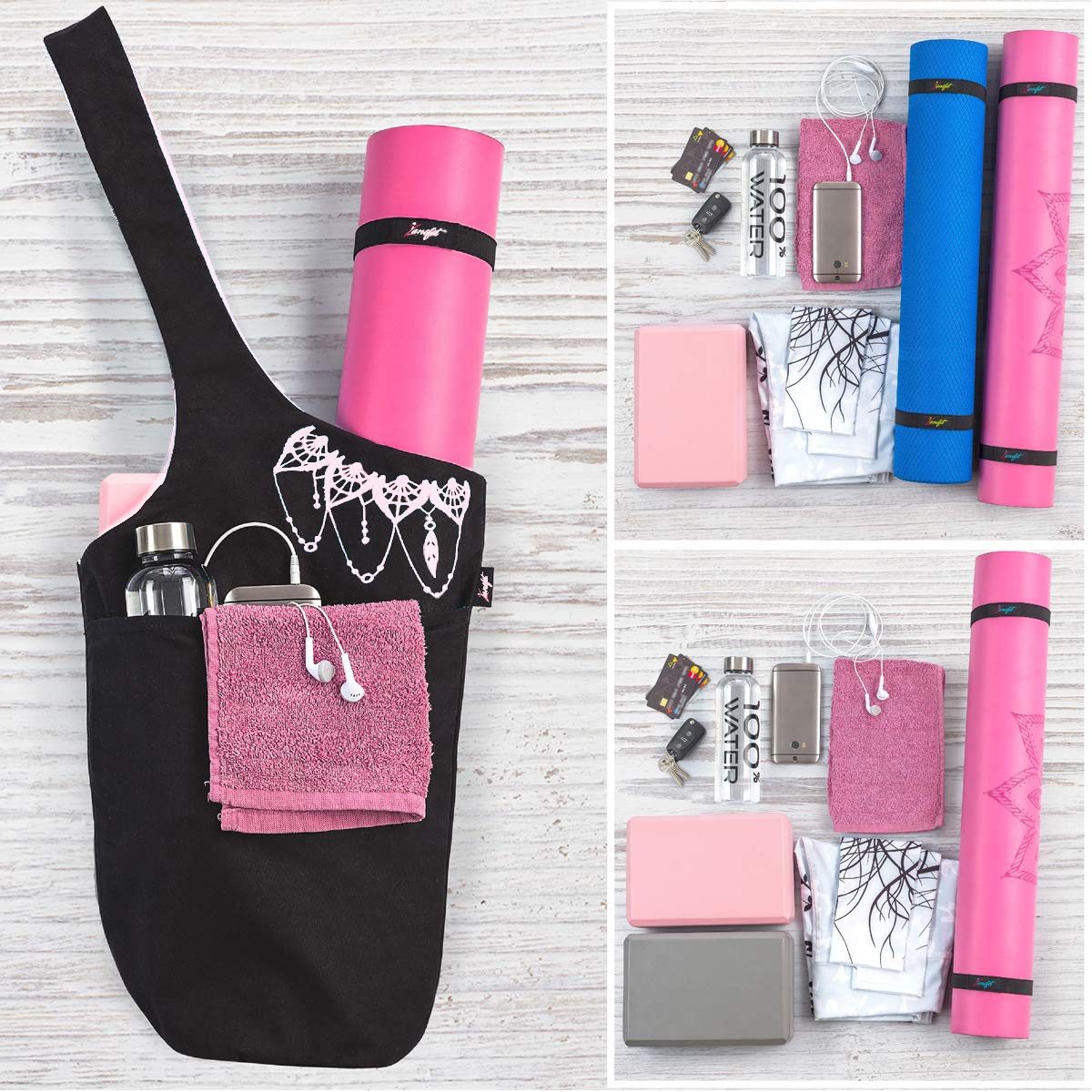 Yoga Mat Bag & Carrier with Pockets for Women, Black & Pink