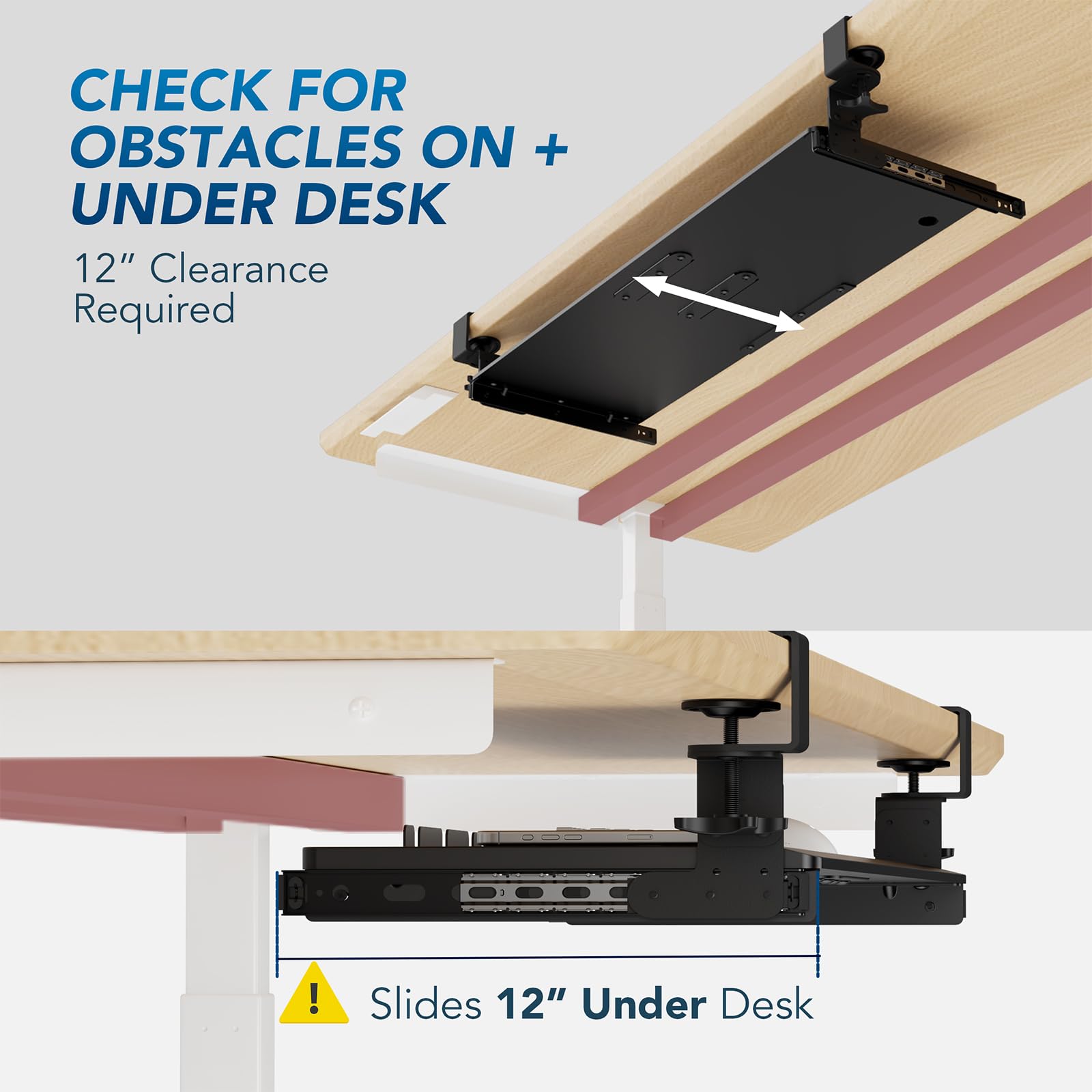 Keyboard Tray Under Desk Pull Out with 3 Height Adjustable Extra Sturdy C Clamp Mount System, 32.8 (38 inch Including Clamps) x 12 Inch Slide-Out Platform Computer Drawer for Typing