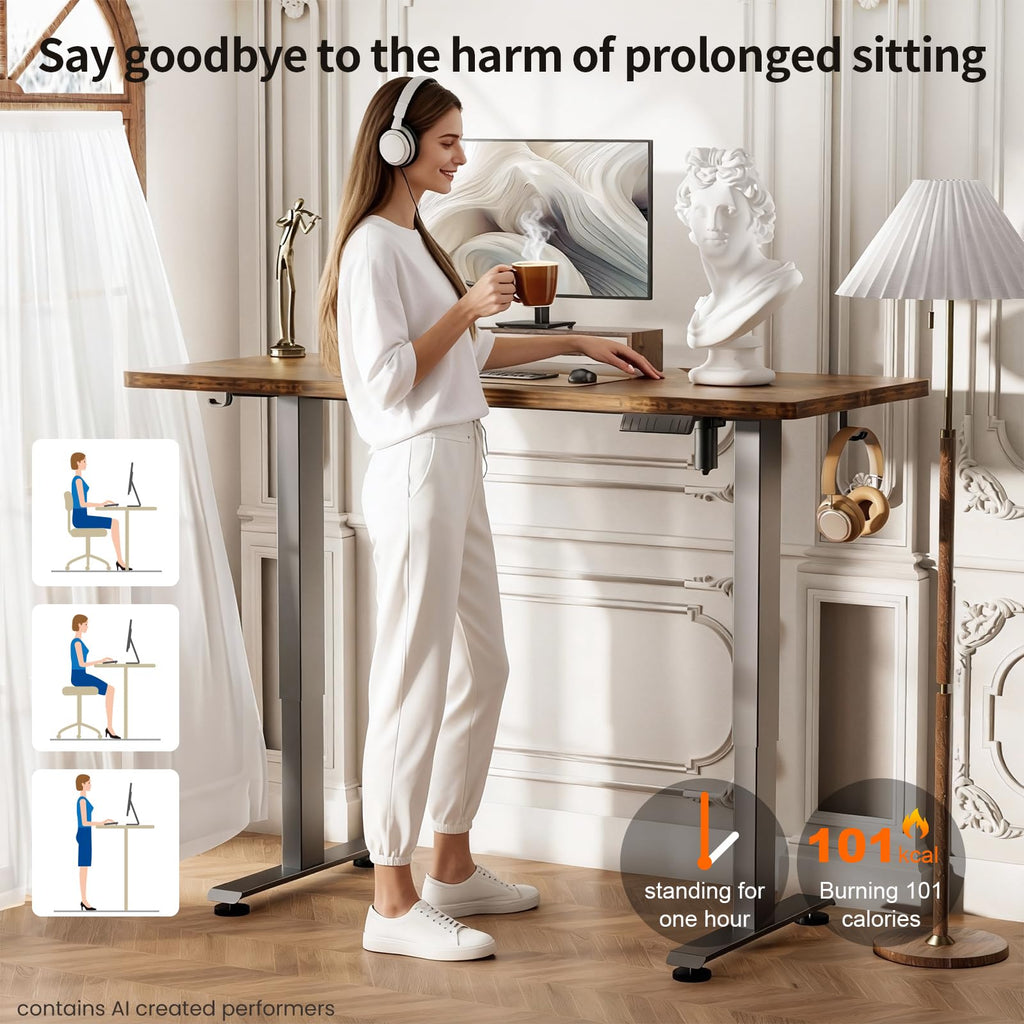 55 Inch Large Electric Standing Desk, Heights Adjustable, Sit to Stand Up, Work Home Office Computer Table for Study, Walking Pad, Writing, and Games, Wooden Desktop Desks, Brown