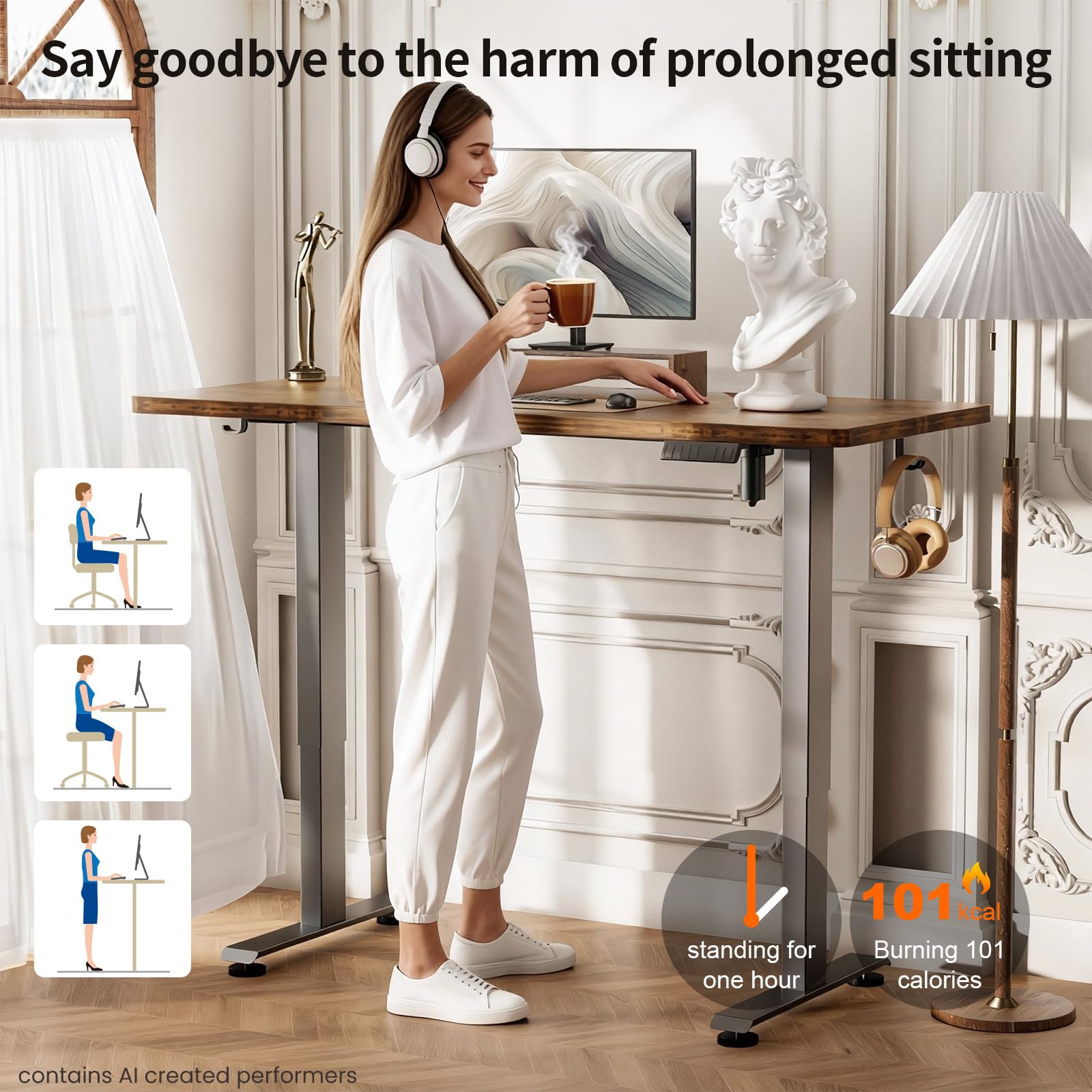 55 Inch Large Electric Standing Desk, Heights Adjustable, Sit to Stand Up, Work Home Office Computer Table for Study, Walking Pad, Writing, and Games, Wooden Desktop Desks, Brown