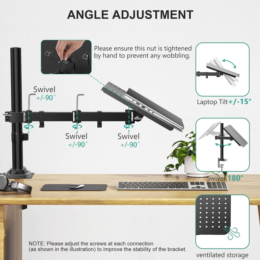 Laptop Desk Mount for 17 inch Notebook, Adjustable Single Monitor Arm with Laptop Holder for 32 inch Screen, Laptops Stand with Ventilated Tray, Up to 22 lbs, (M00LP), Black