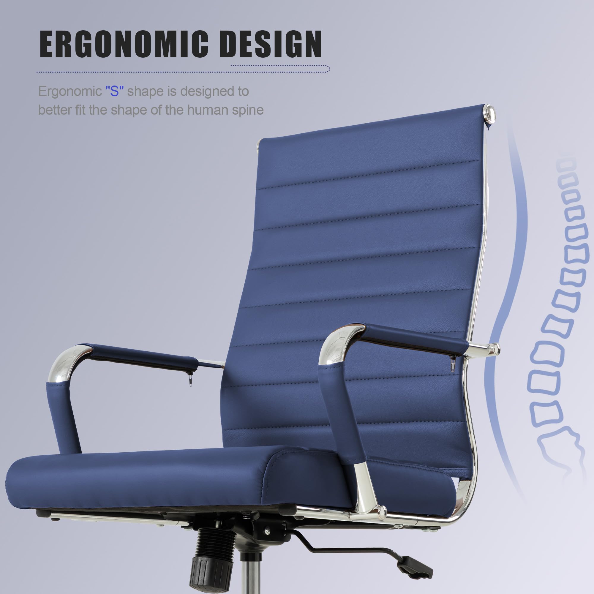 Navy Blue Office Desk Chair, Ergonomic Leather Modern Conference Room Chairs, Executive Ribbed Height Adjustable Swivel Rolling Chair for Home Office.