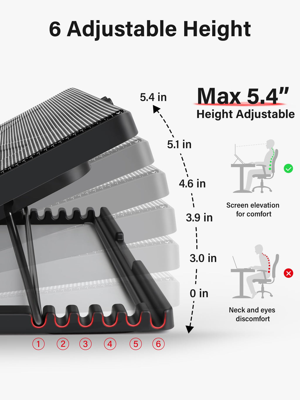 Laptop Cooling Pad, Laptop Cooler with 5 Quiet Fans for 12"-17" Computer PC Notebook Gaming Laptop Fan, Height Adjustable Laptop Cooling Stand Laptop Accessories, Red