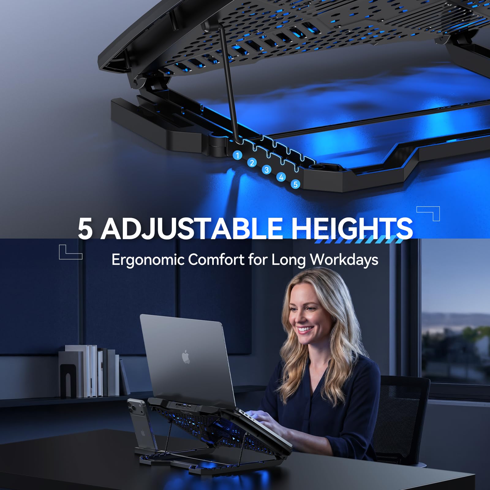 Laptop Cooling Pad with Phone Stand, 9 Quiet Fans with LED Lights, 5 Height Adjustable & 2 USB Ports, Stepless Speed Control to 2600 RPM Laptop Cooler, Laptop Cooling Stand for 12-17.3 Inch