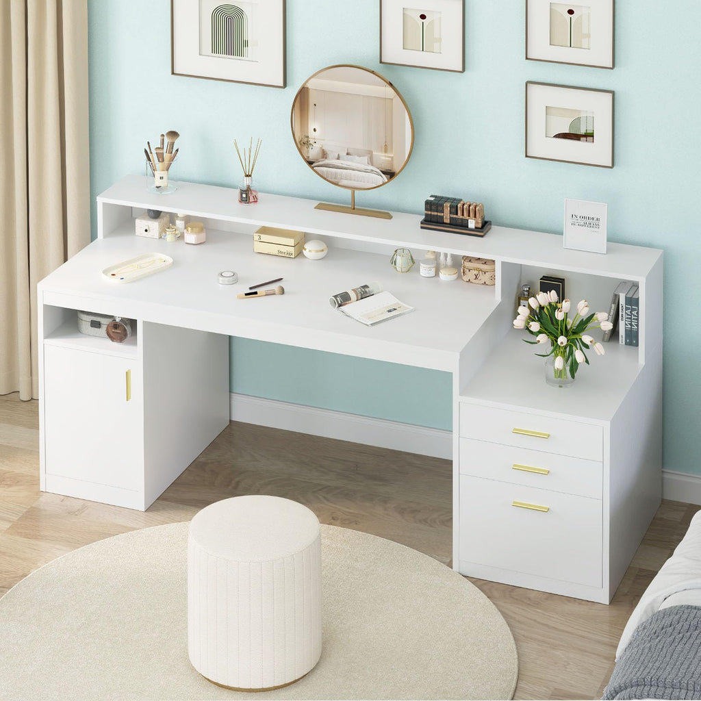 Computer Desk with 3 Drawer & Storage Shelves, Home Office Desk with File Drawer & Cabinet, Writing Study Table with Long Monitor Stand & Printer Shelf, Executive Desk, White