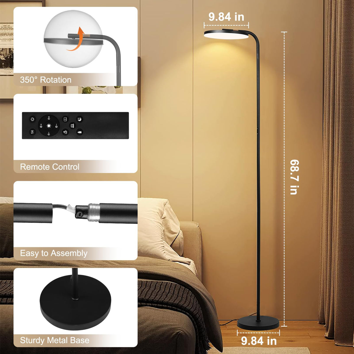 LED Floor Lamp – 36W Super Bright Standing Lamp with Remote & Touch Control, 350° Adjustable Head, Stepless Dimming & Color Temperature (3000K–6000K), Eye-Caring Light for Living Room, Bedroom, Office