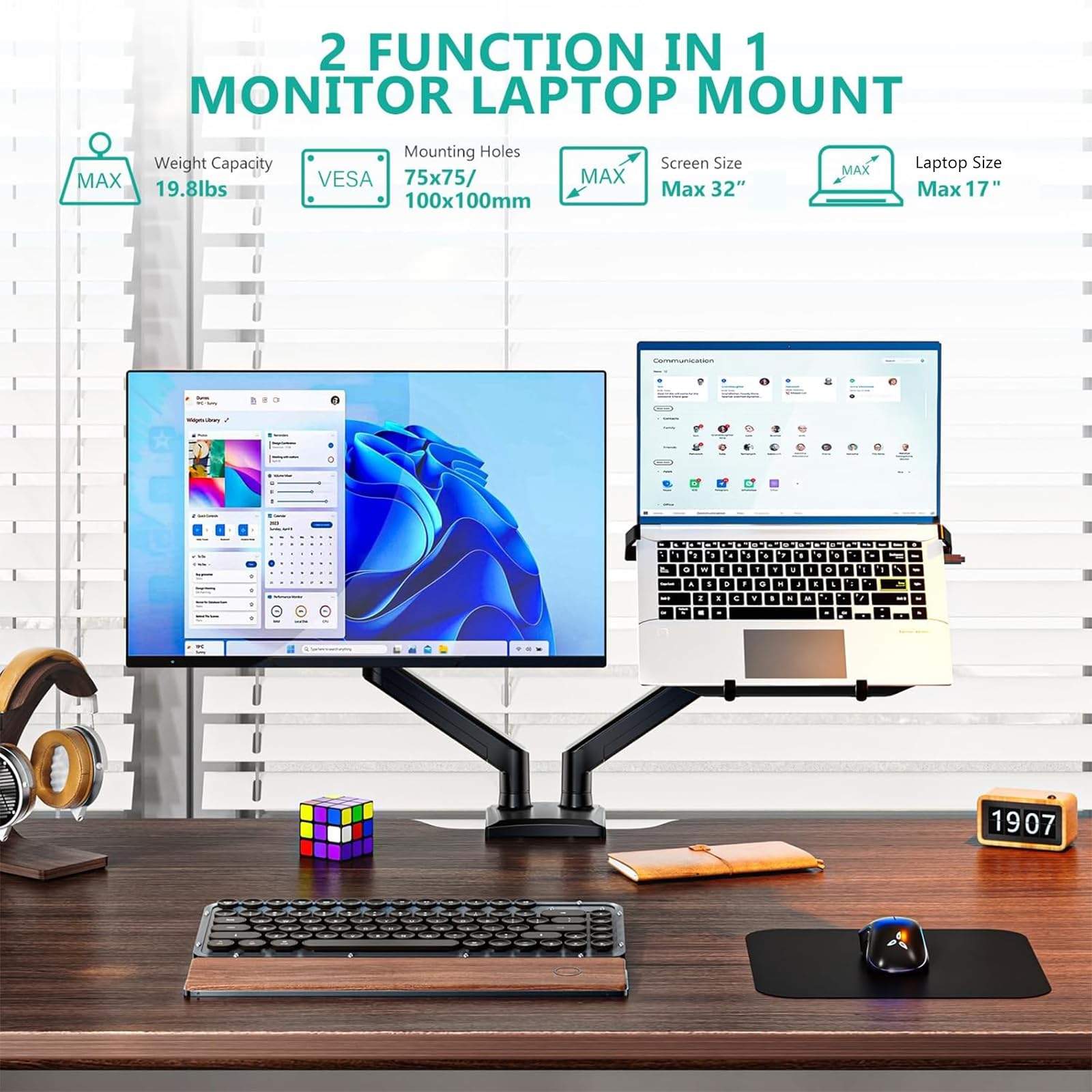 Laptop Desk Mount, Dual Monitor Arm with Laptop Holder, Adjustable Height Laptop Arm Mount for Desk, Fits 17” Notebook and 32” Monitors, Up to 22Lbs, Black