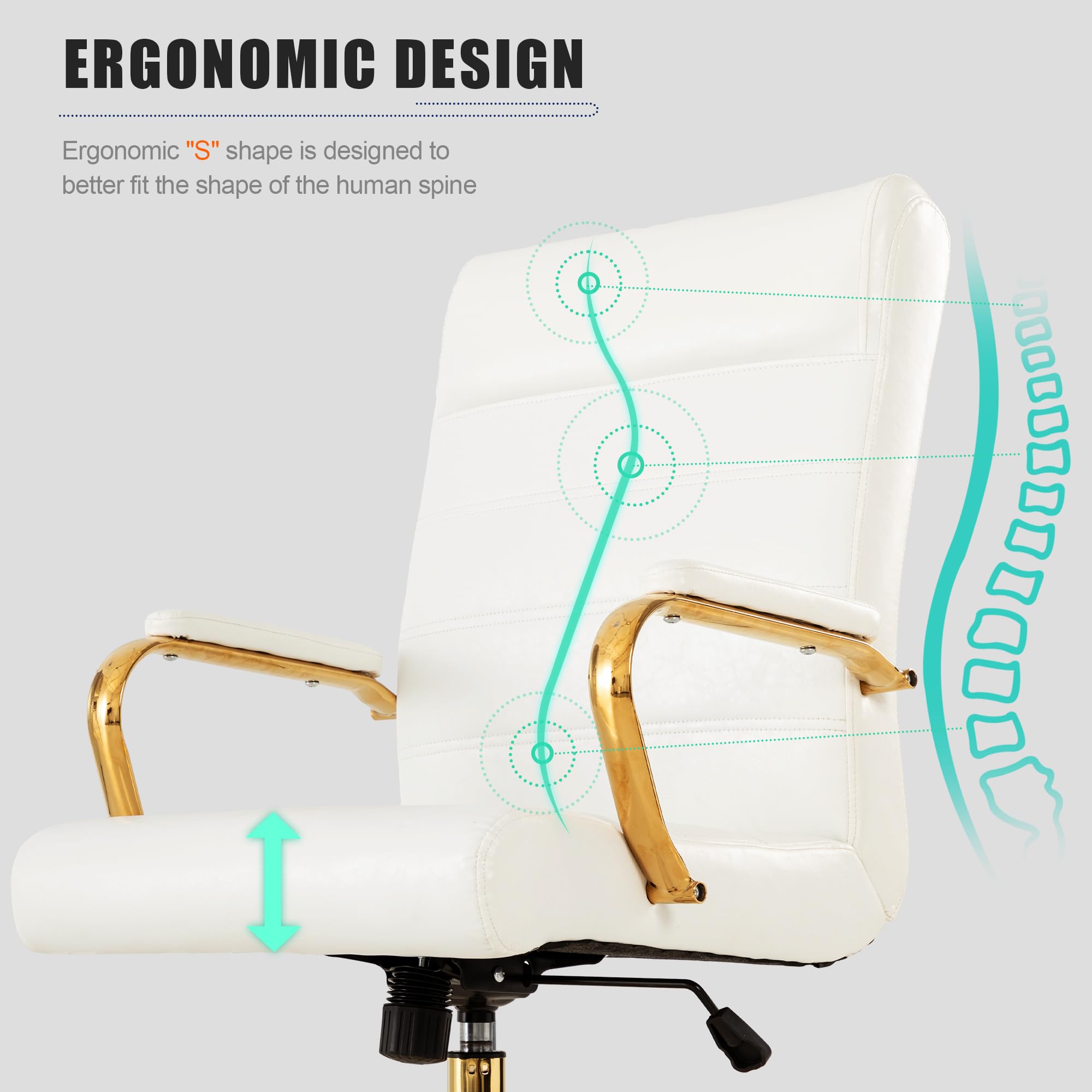 White and Gold Office Desk Chair, Modern Leather Conference Room Chairs, High Back Ergonomic Home ofiice Chair, Adjustable Height Swivel Executive Computer Chair with Padded Seat and Armrest