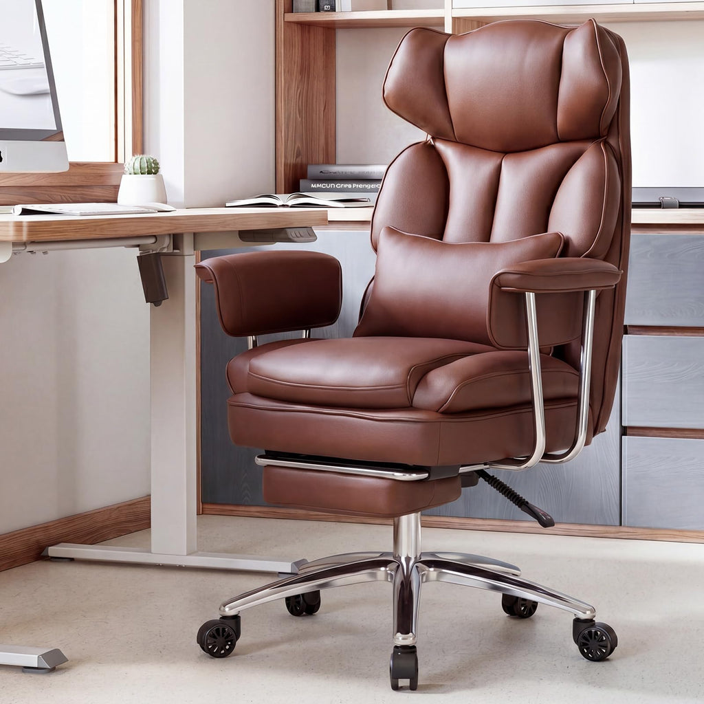Sweetcrispy Executive Home Office Desk Chair - Ergonomic Big Tall High Back with Footrest & Lumbar Support, Reclining Height Adjustable, Comfy PU Leather Computer Gaming with Swivel Wheels, Brown
