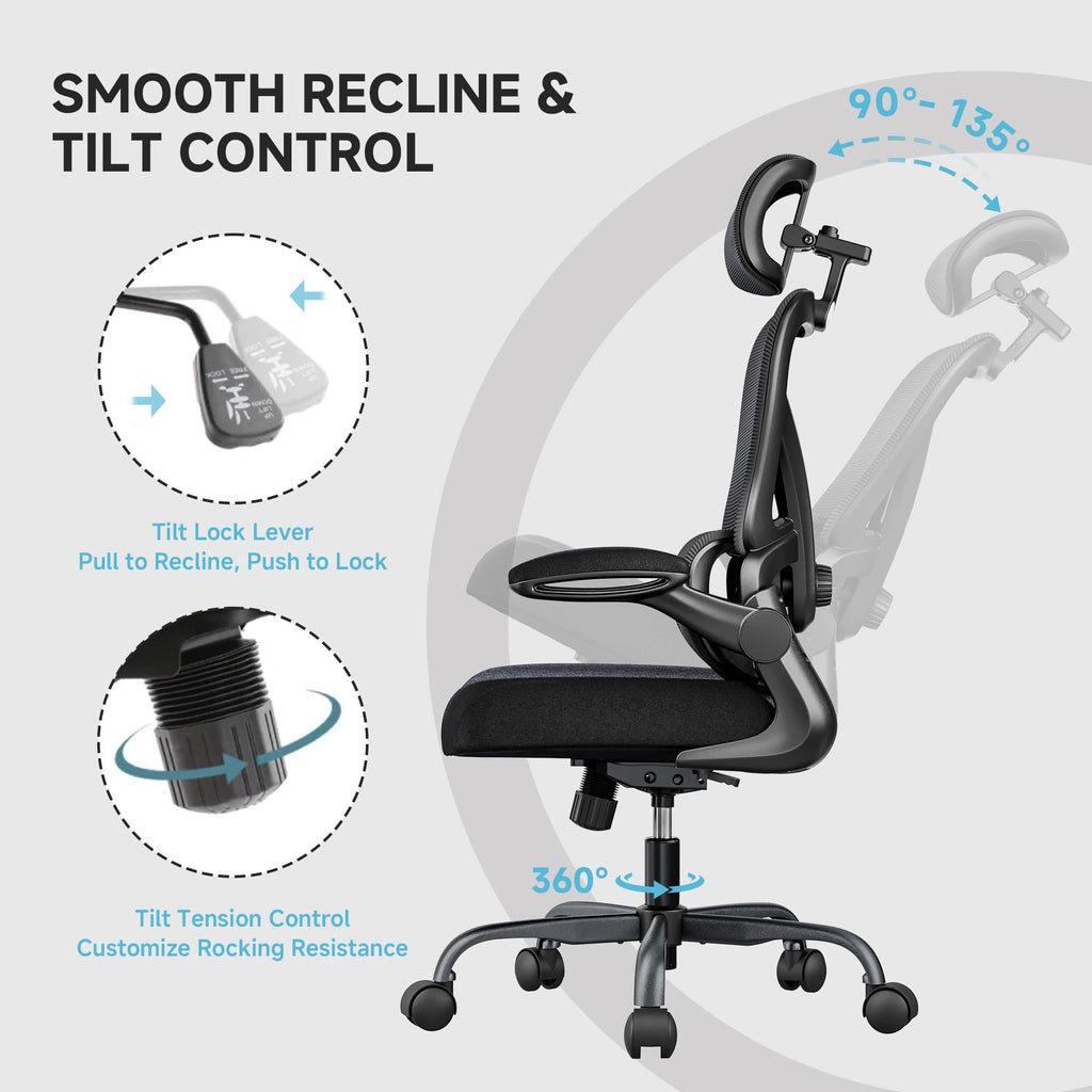 Ergonomic Office Chair, 330LBS Desk Chair with 3-Level Lumbar Support & Headrest, Breathable Mesh Backrest, Flip-Up Armrests for Home Office and Gaming, Black