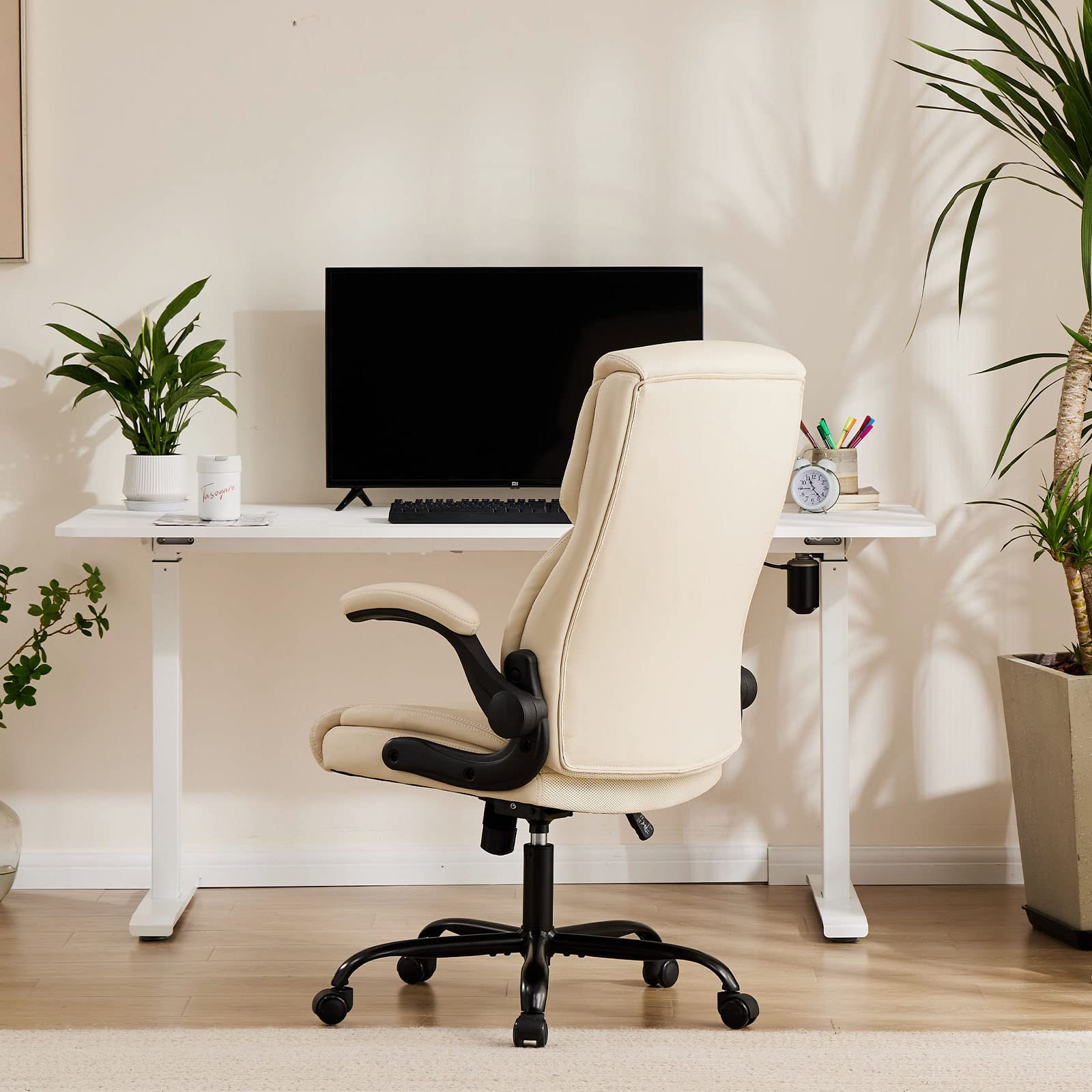 Set of 2, Ergonomic Computer Gaming Office Chair  Heavy Duty Task Desk Swivel Rolling Chairs with Wheels, Flip-up Arms, Adjustable Height, PU Leather,Cream White