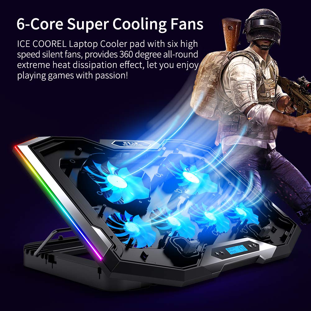 Laptop Cooling Pad 15-17.3 Inch, Laptop Fan with 6 RGB Cooling Fans, Laptop Cooling Stand with 6 Height Adjustable, Laptop Cooler with LCD Screen, 2 USB Ports, Phone Stand