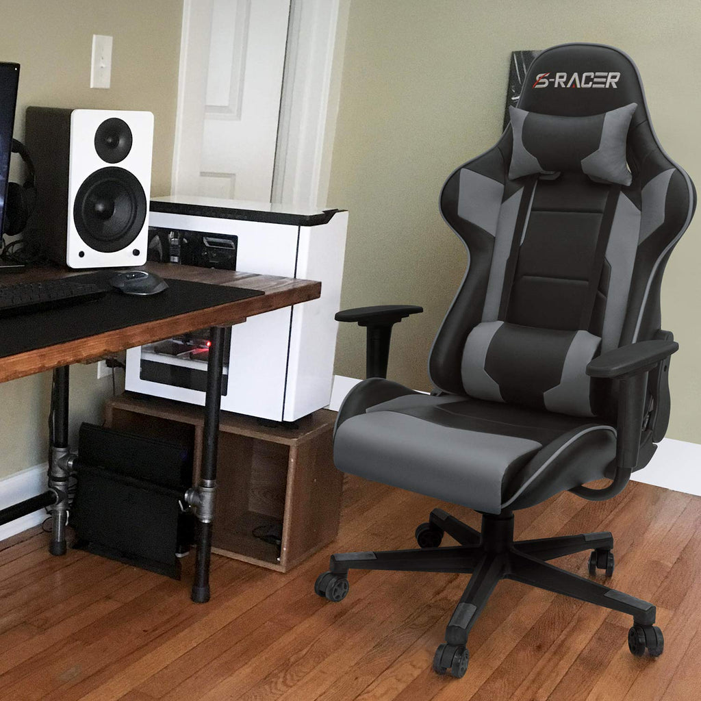 Gaming Chair, Office Chair High Back Computer Chair Leather Desk Chair Racing Executive Ergonomic Adjustable Swivel Task Chair with Headrest and Lumbar Support (Grey)