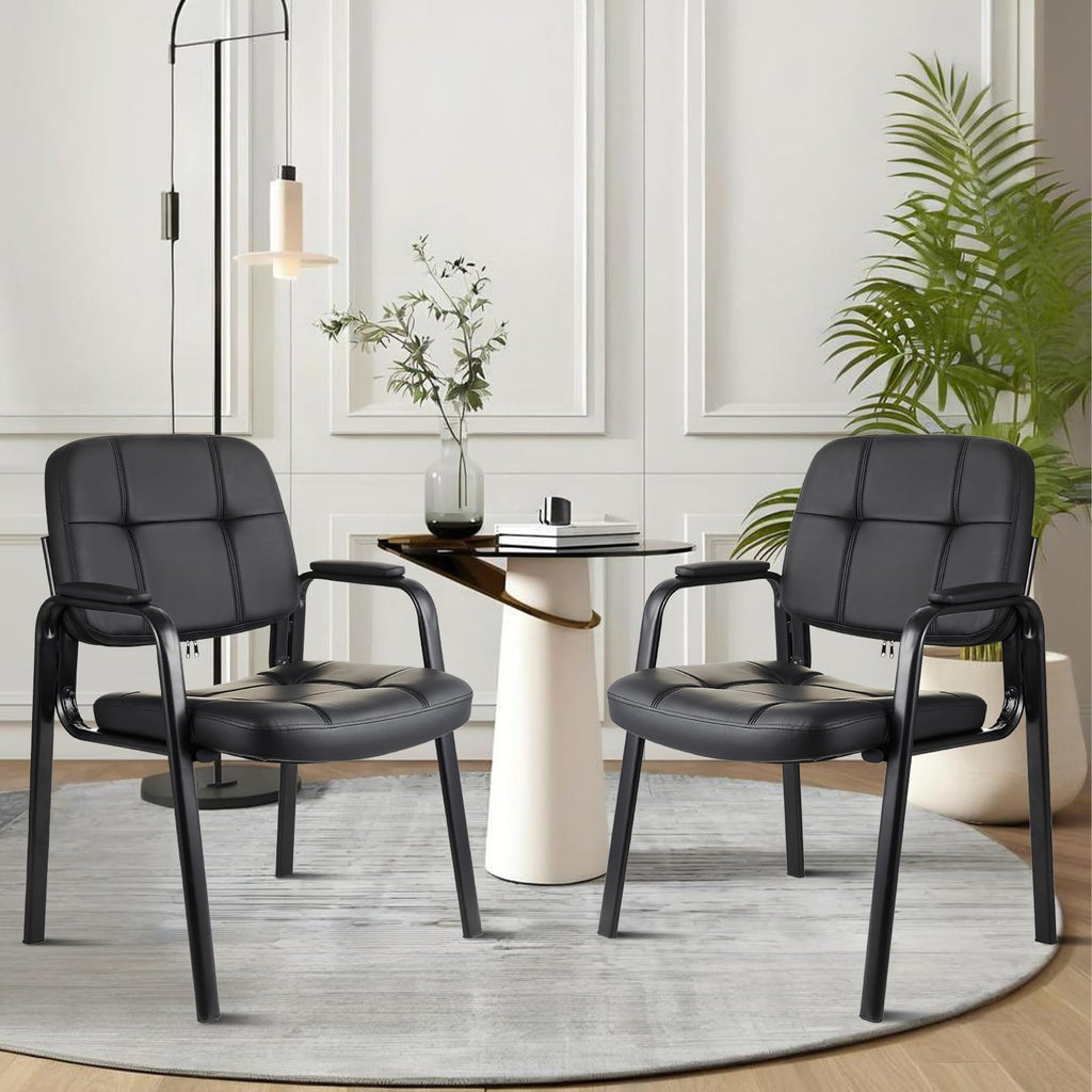 Waiting Room Guest Chair with Bonded Leather Padded Arm Rest for Office Reception and Conference Desk Black