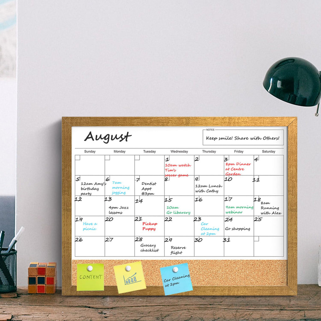 Calendar Whiteboard for Wall, 18x24 Inches White Board Calendar Dry Erase, Magnetic Monthly White Board with Gold Wood Frame, Hanging Dry Erase Board for Kitchen Home Office School Planner