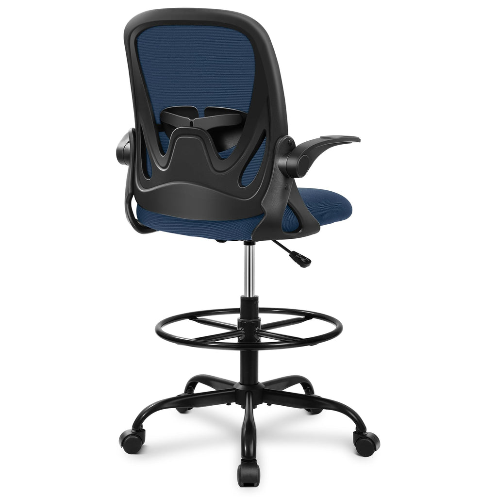 Drafting Chair Tall Office Chair with Flip-up Armrests Executive Ergonomic Computer Standing Desk Chair with Lumbar Support and Adjustable Footrest Ring (Navy)