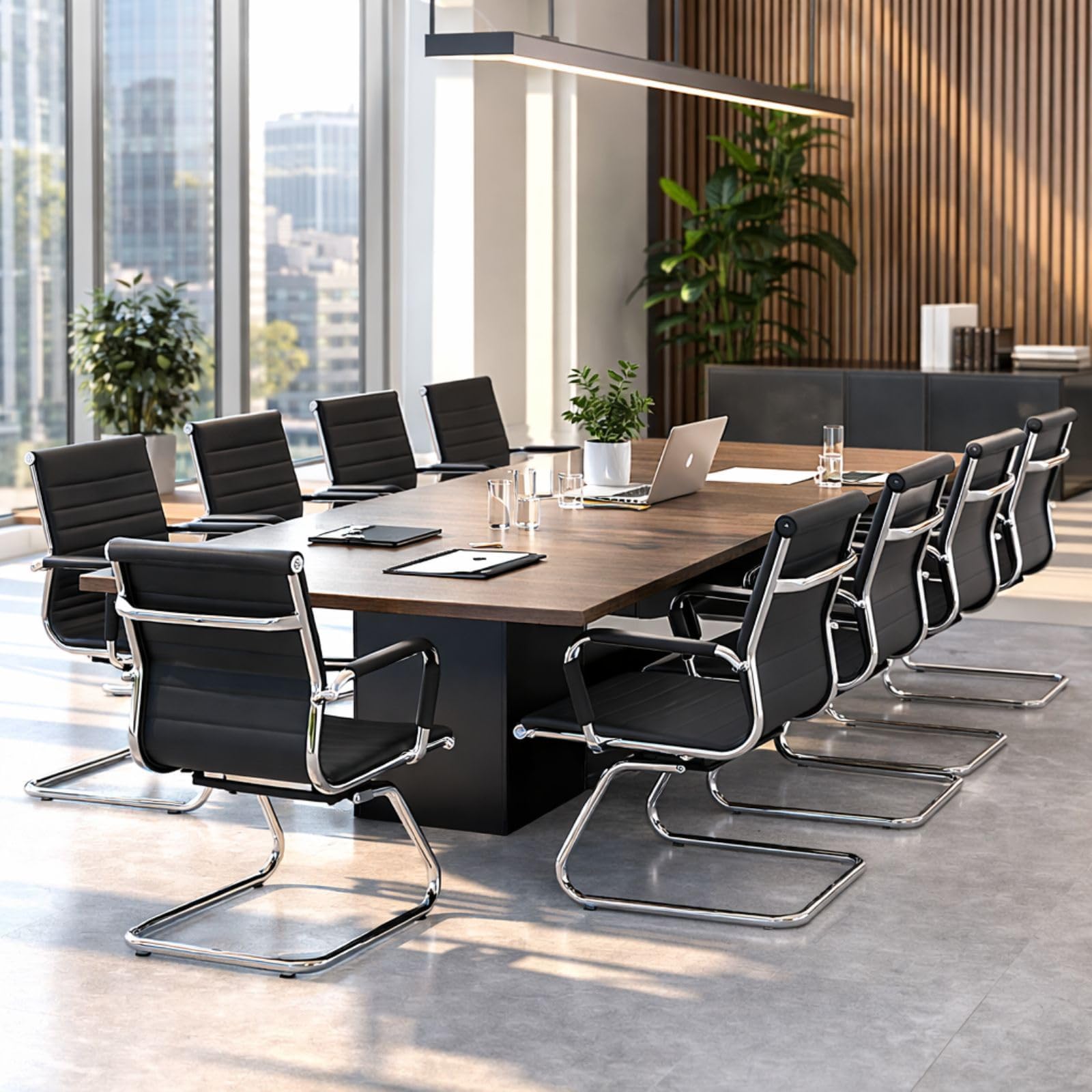Conference Room Chairs Set of 2, Waiting Room Chairs with Arms, Faux Leather Reception Chairs No Wheels, Office Guest Chairs with Mid Back Support and Chrome Sled Base, Black