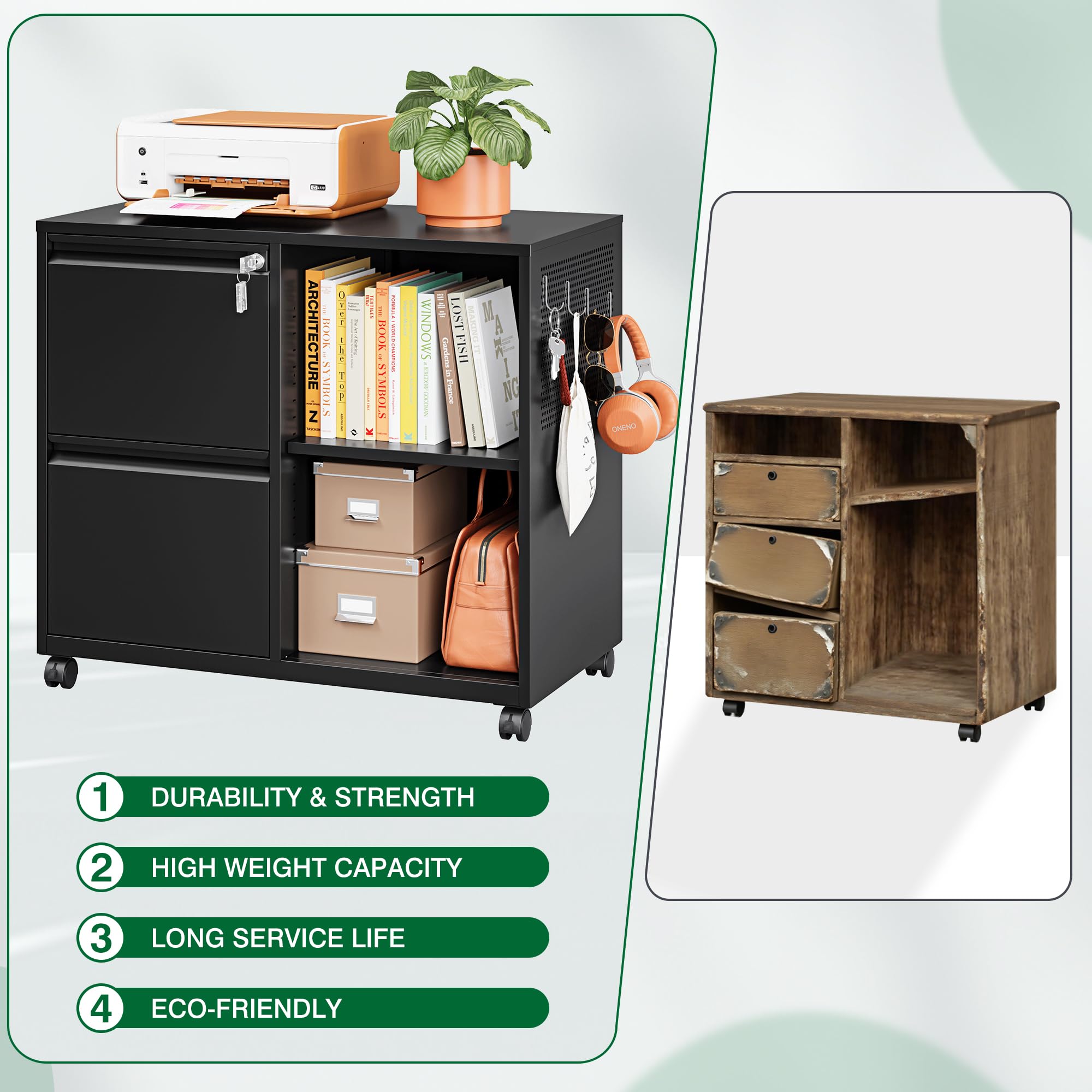 Mobile File Cabinet with Side Hook, 2 Drawer Lateral File Cabinet with Lock fits A4/Letters/Legal Size for Home Office,Metal Rolling Printer Stand with Open Storage Adjustable Shelves(Black)