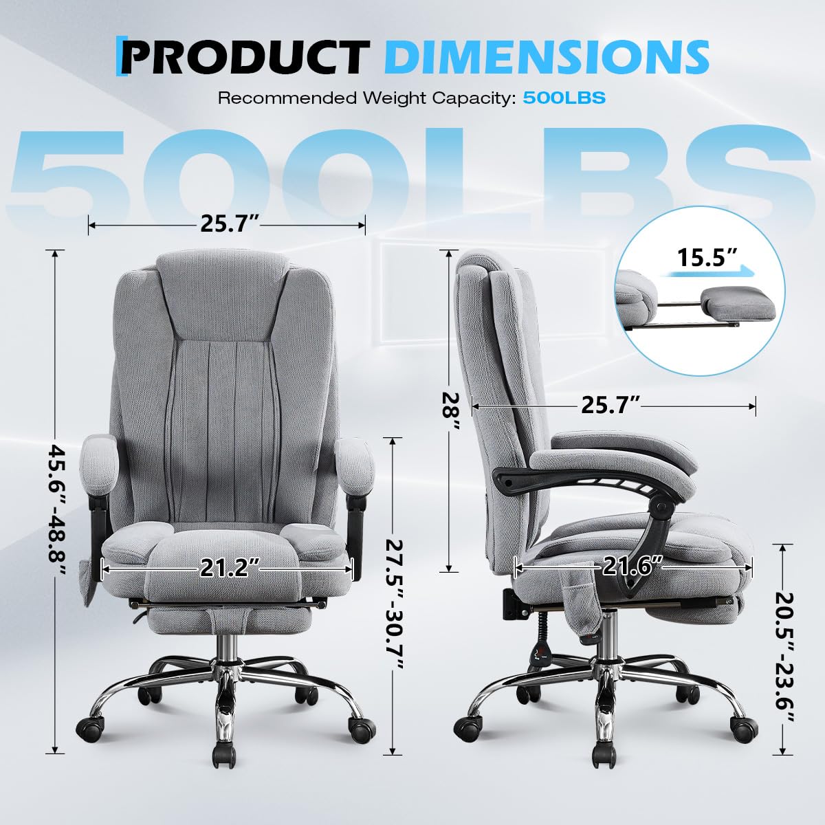 6 Points Vibration & Heat Massage Office Chair with Foot Rest,500lbs Big and Tall Office Chairs,Ergonomic Reclining Desk Chair for Home Office,Gaming