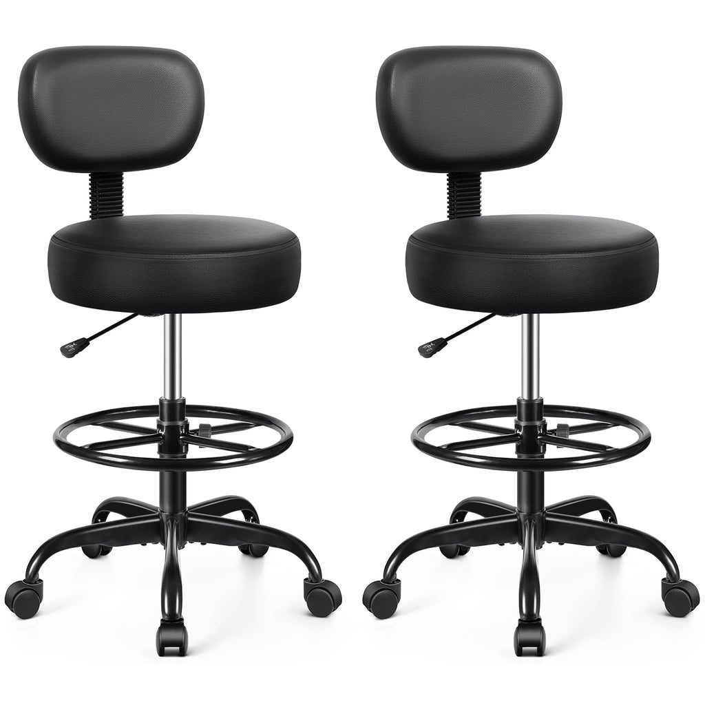 Pack of 2, Drafting Chair with Backrest – Adjustable Foot Rest Rolling Stool with Wheels, PU Leather Swivel Stool for Office Spa Studio Lab Counter Salon Home Work Bar Kitchen Shop(Black)