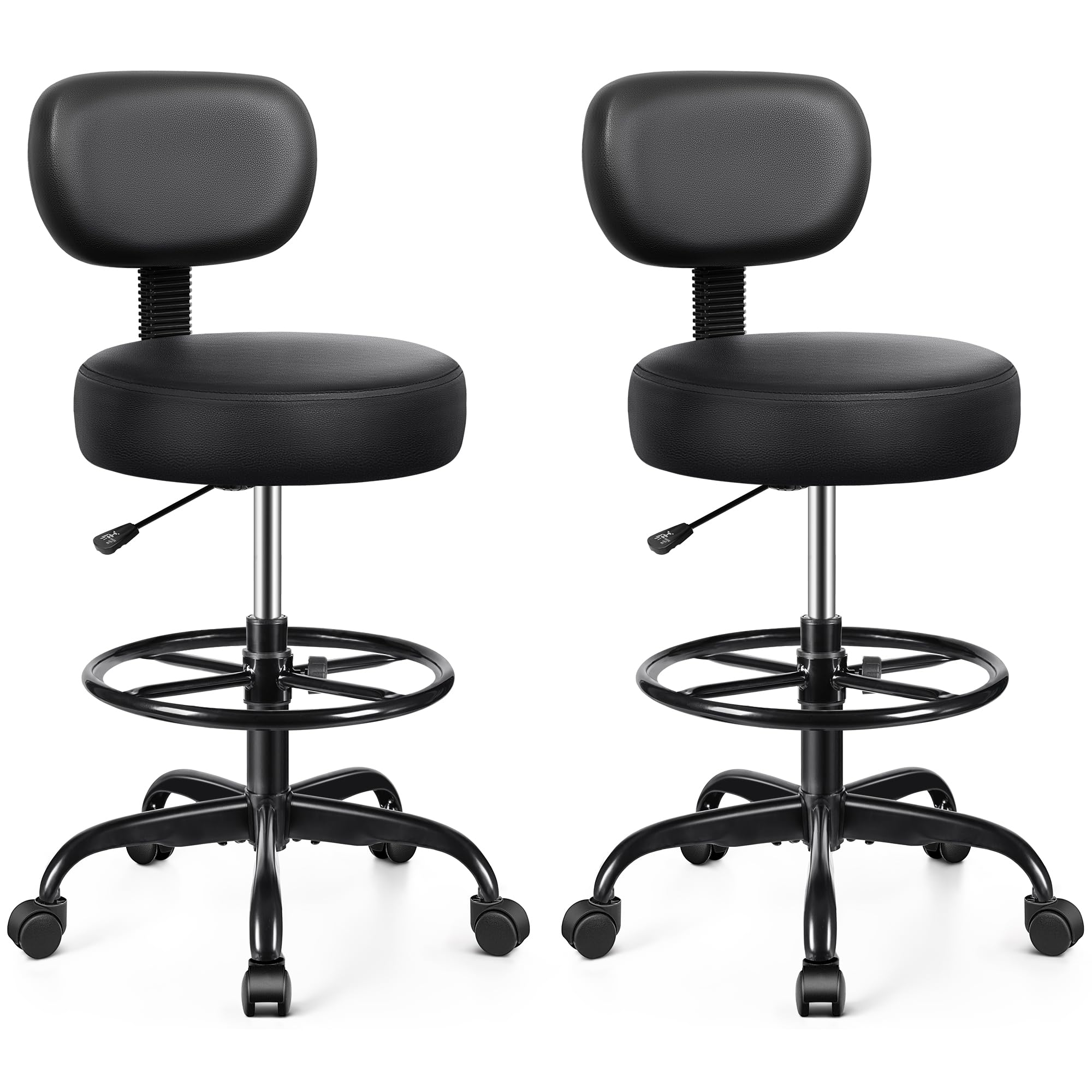 Pack of 2, Drafting Chair with Backrest – Adjustable Foot Rest Rolling Stool with Wheels, PU Leather Swivel Stool for Office Spa Studio Lab Counter Salon Home Work Bar Kitchen Shop(Black)