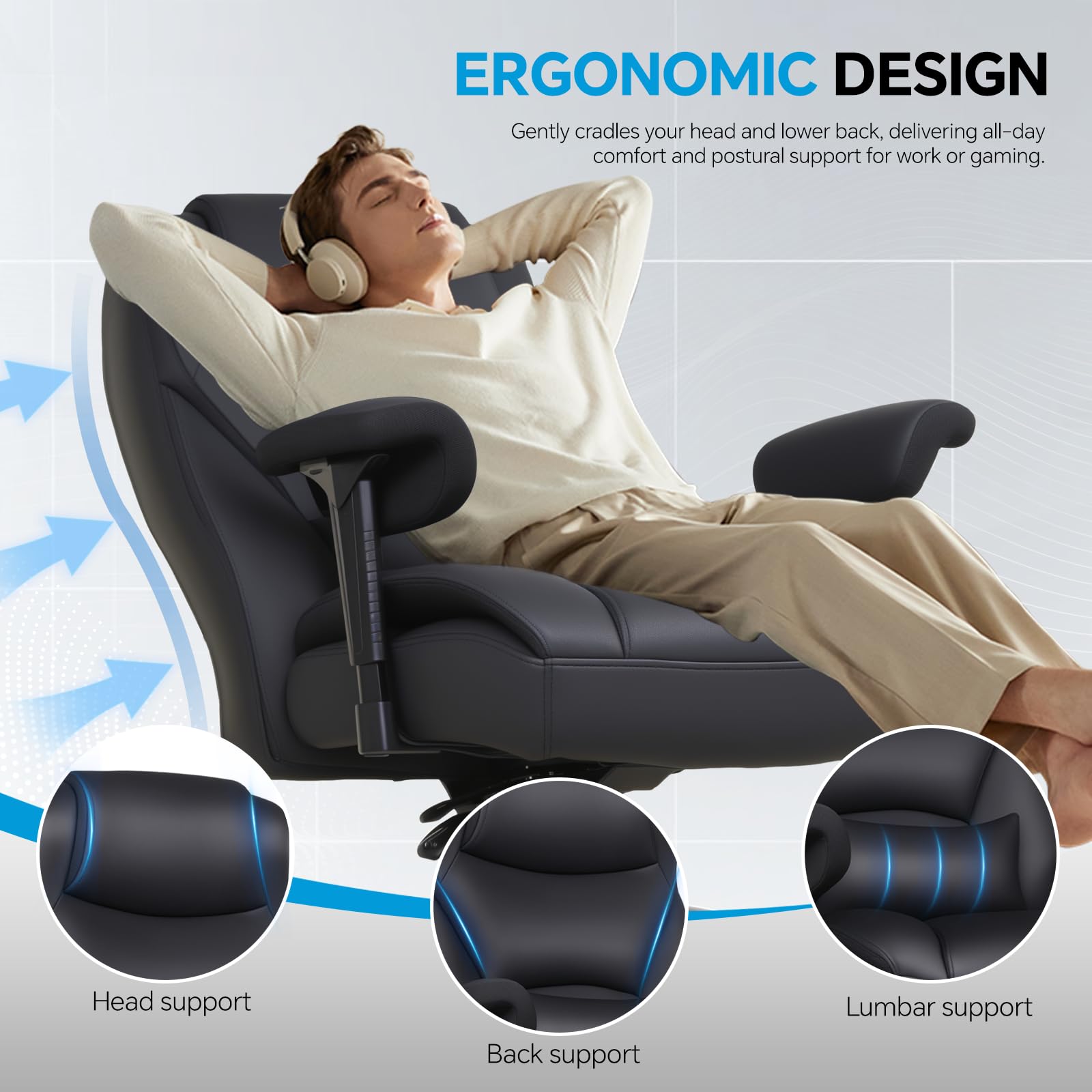 Big and Tall Office Desk Chair with 5-Position Armrests, 650 LBS Heavy Duty Executive Office Chair Comfy, Extra Wide Seat, High Back Computer Chair with Lumbar Support, Reclining Tilt Lock