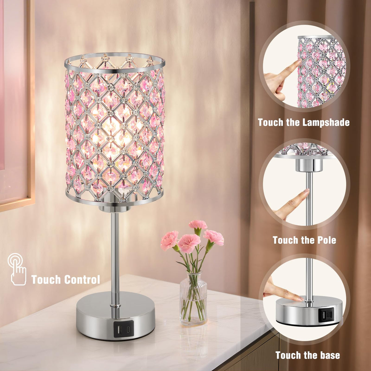 Pink Crystal Bedside Table Lamps Set of 2 with USB C+A Ports