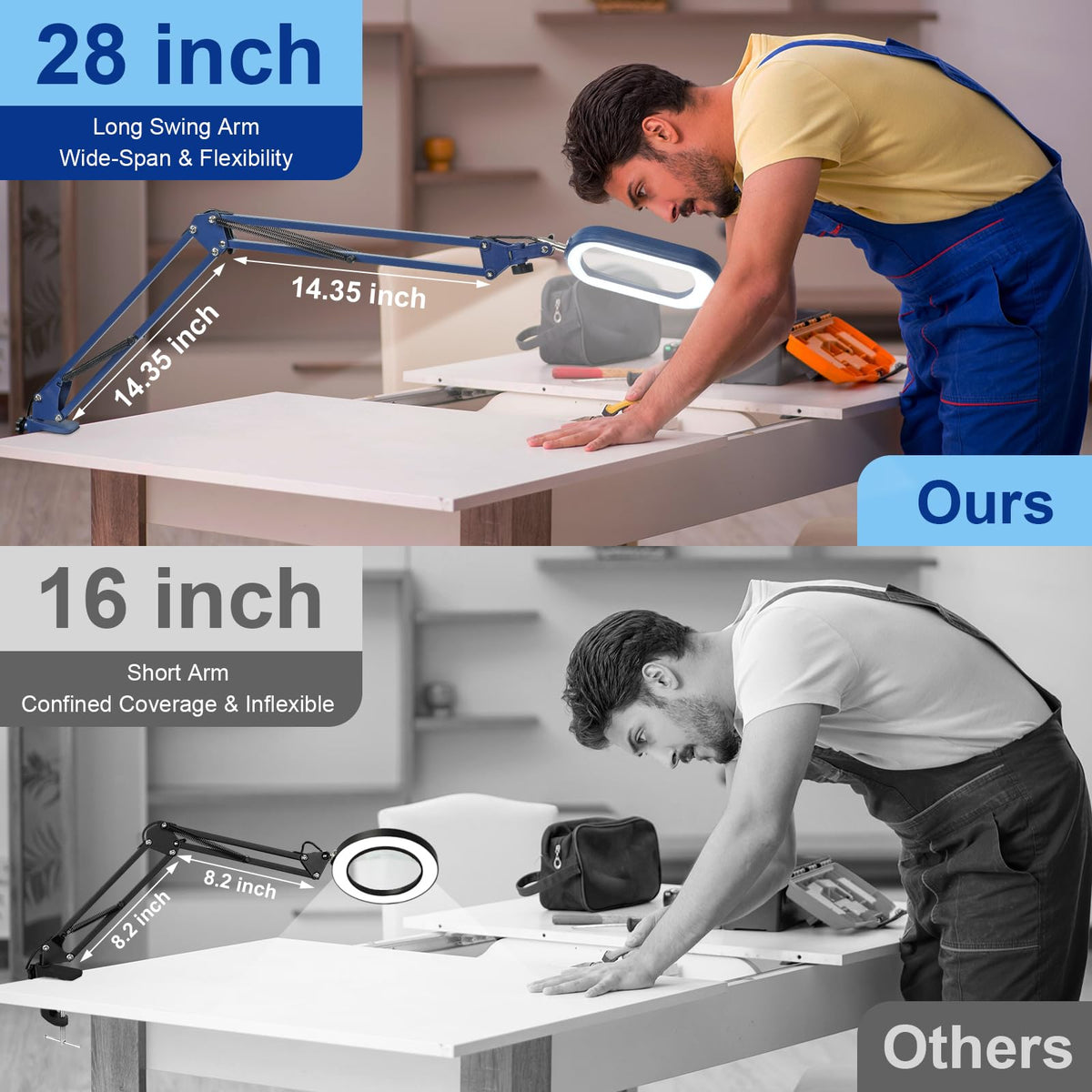 14.35" Large Magnifying Glass with Light and Clamp, Real Glass, 5 Color Modes, Stepless Dimmable, Lighted Magnifier with Stand Hands Free, LED Swing Arm Desk Lamp for Close Work, Craft, Blue