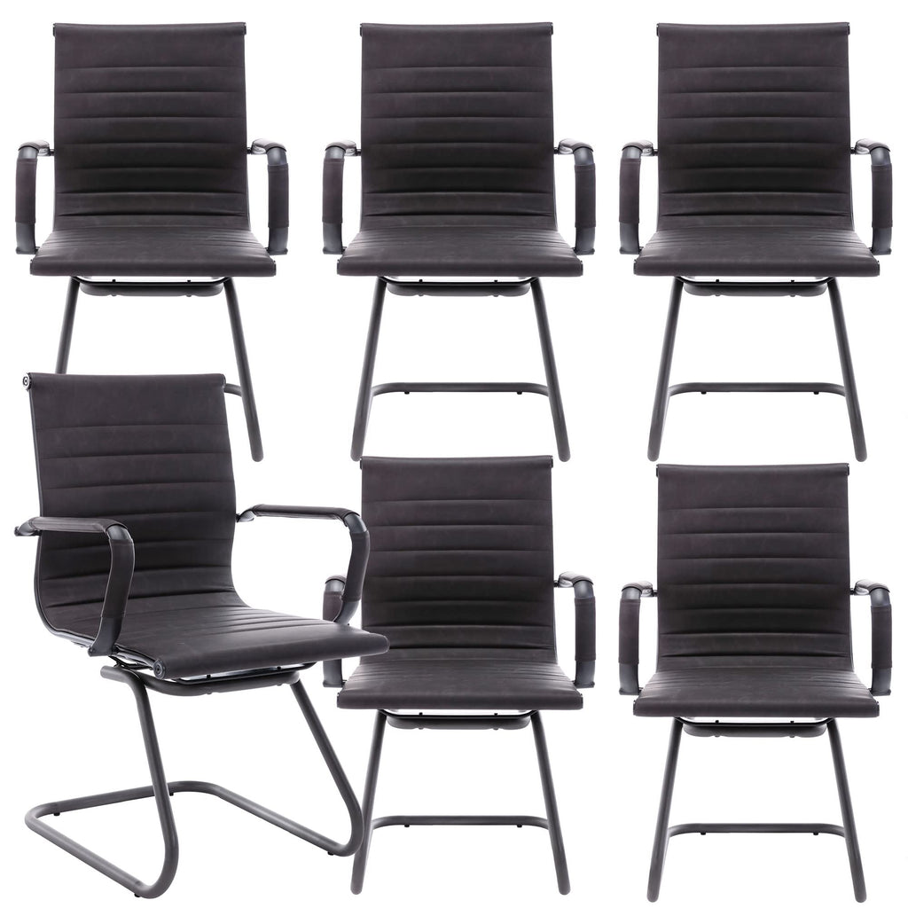Office Desk Chair No Wheels Set of 6 PU Leather Computer Chairs Mid Back Guest Chairs for School Reception Conference Waiting Room, Vintage Charcoal