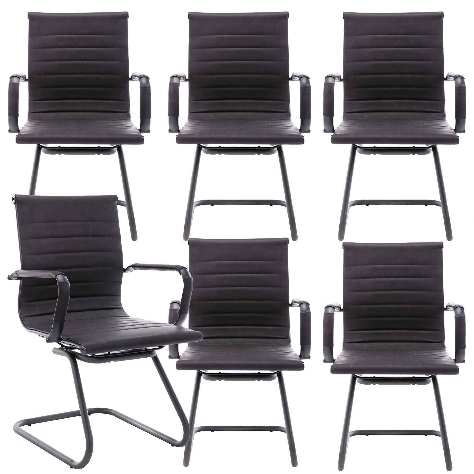 Office Desk Chair No Wheels Set of 6 PU Leather Computer Chairs Mid Back Guest Chairs for School Reception Conference Waiting Room, Vintage Charcoal