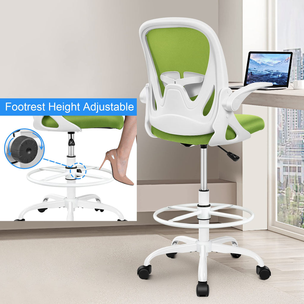 Drafting Chair Tall Office Chair with Flip-up Armrests Executive Ergonomic Computer Standing Desk Chair with Lumbar Support and Adjustable Footrest Ring (Green)