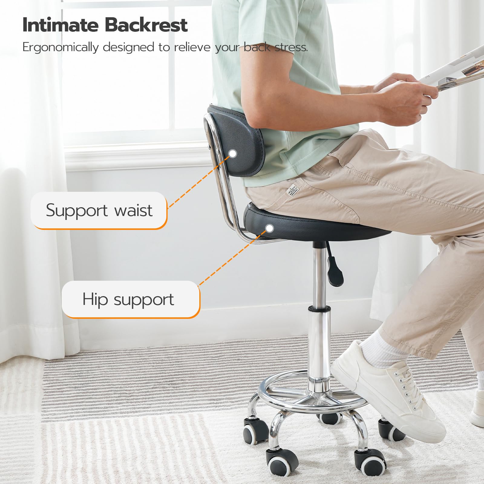 Height Adjustable Rolling Stool, 360° Rotating Drafting Chair, Multi-Purpose Office Desk Chair, Rolling Swivel Salon Stool Chair, for Barber Shop, Nail Salon, Office, Black