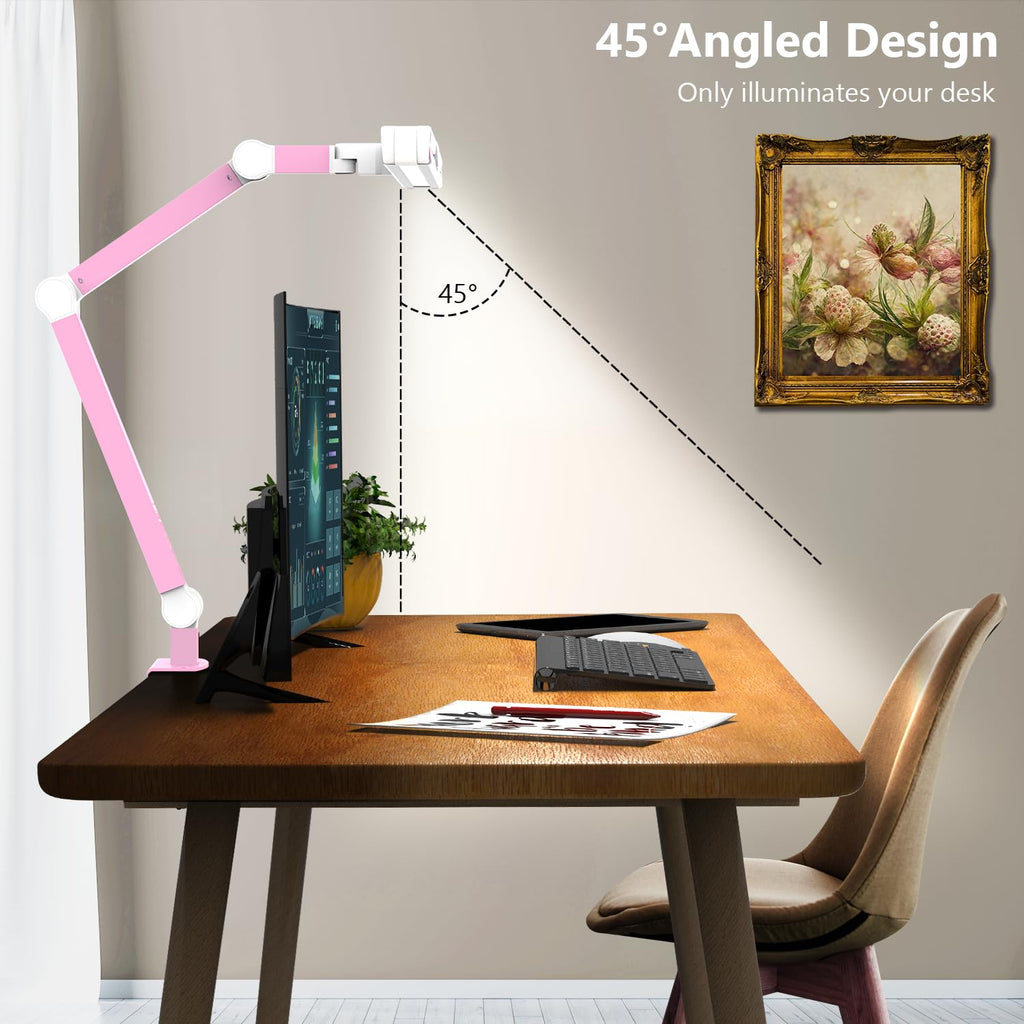 Architect Desk Lamp for Home Office, Pink Desk Lamp with Clamp for Working, 24W Bright Rotatable Led Table Light Stepless Dimming Tempering Wide Computer Light for Crafting Puzzle Hobby