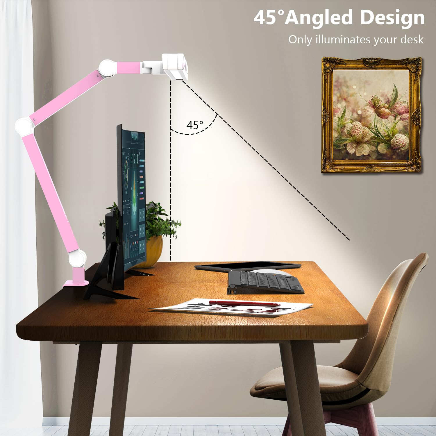 Architect Desk Lamp for Home Office, Pink Desk Lamp with Clamp for Working, 24W Bright Rotatable Led Table Light Stepless Dimming Tempering Wide Computer Light for Crafting Puzzle Hobby
