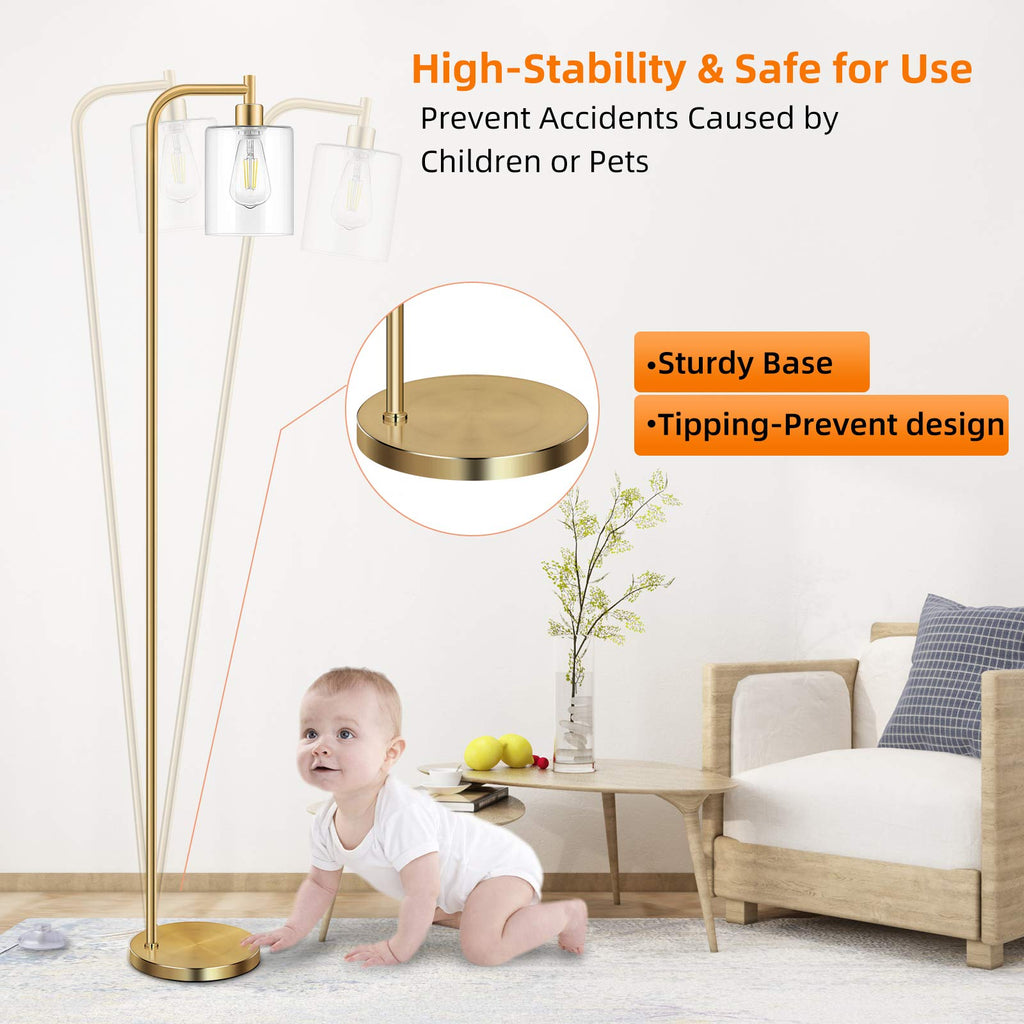 Brass Gold Industrial Floor Lamp with Hanging Glass Shade