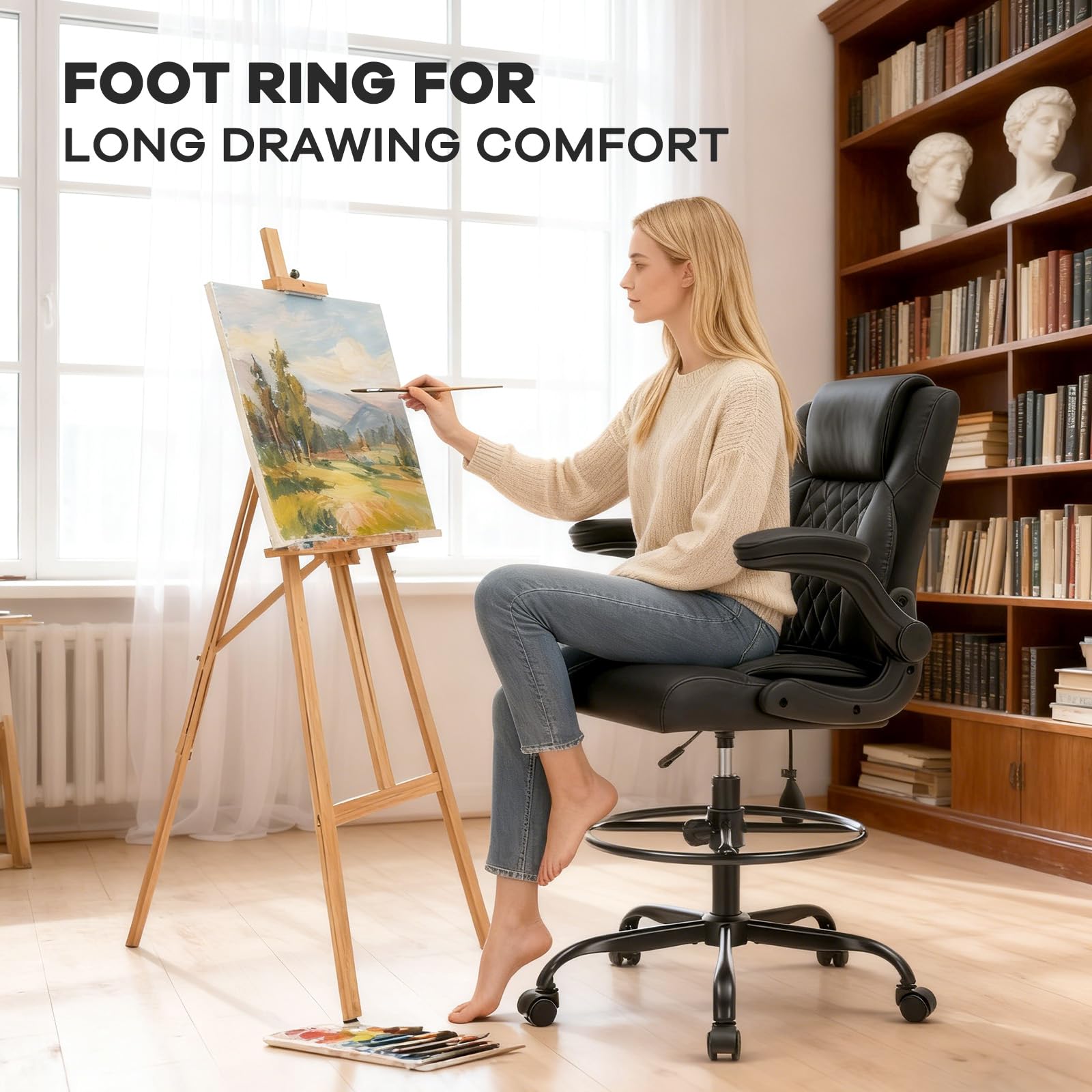 Leather Drafting Chair, Tall Office Chair for Standing Desk, High Executive Office Chair with Inflatable Lumbar Support,Adjustable Height,Flip-up Armres and Foot Ring Studio Chair Black