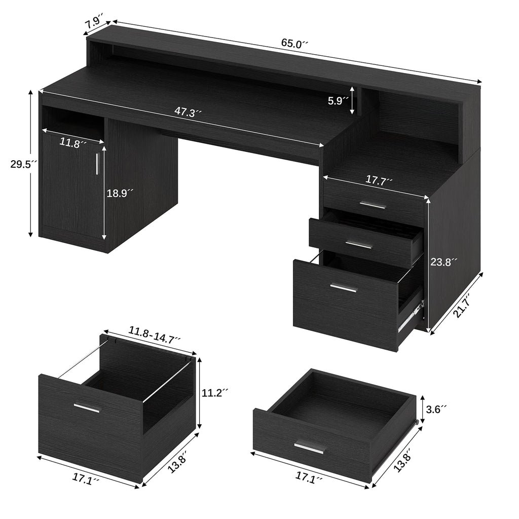 Computer Desk with 3 Drawer & Storage Shelves, Home Office Desk with File Drawer & Cabinet, Writing Study Table with Long Monitor Stand & Printer Shelf, Executive Desk, Black