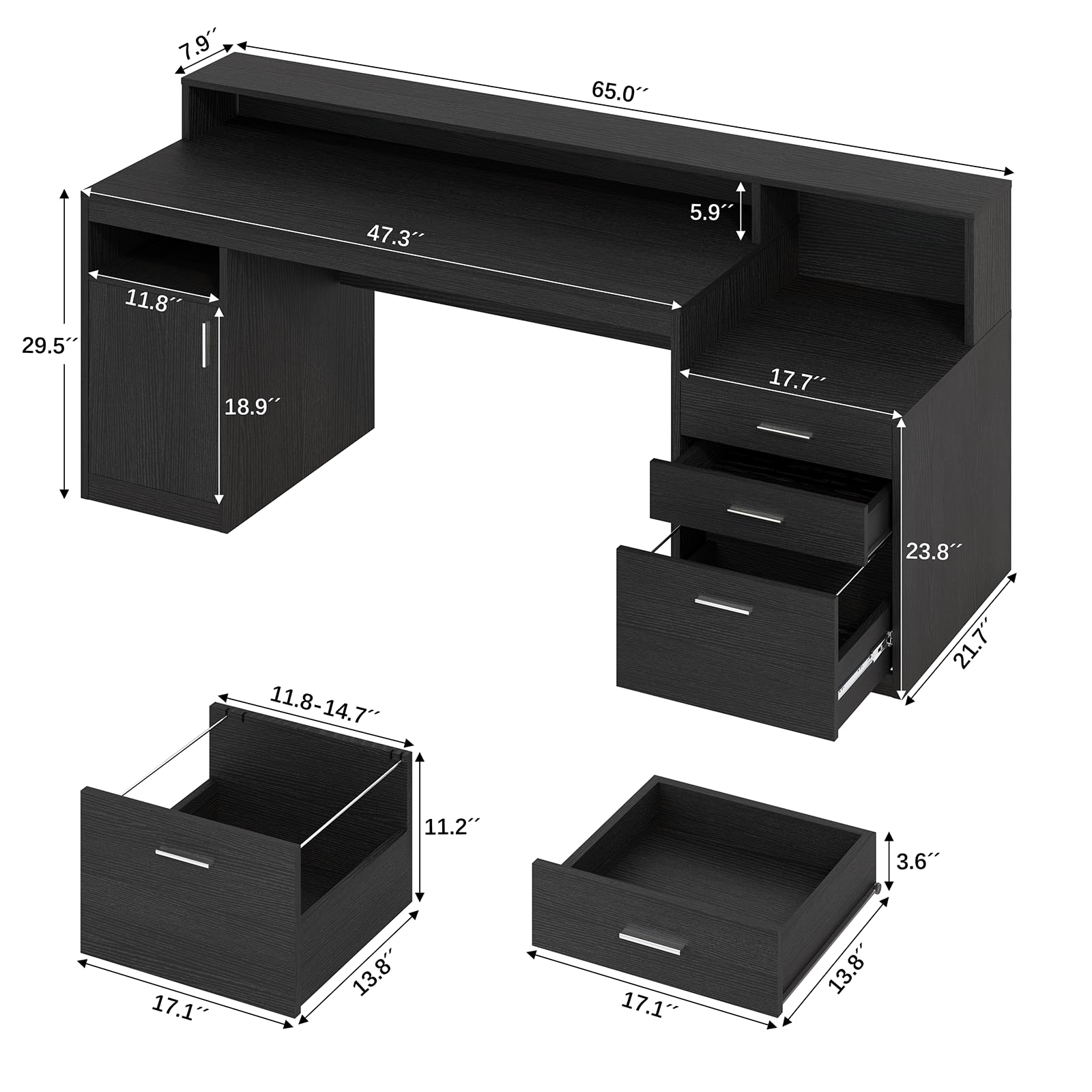Computer Desk with 3 Drawer & Storage Shelves, Home Office Desk with File Drawer & Cabinet, Writing Study Table with Long Monitor Stand & Printer Shelf, Executive Desk, Black