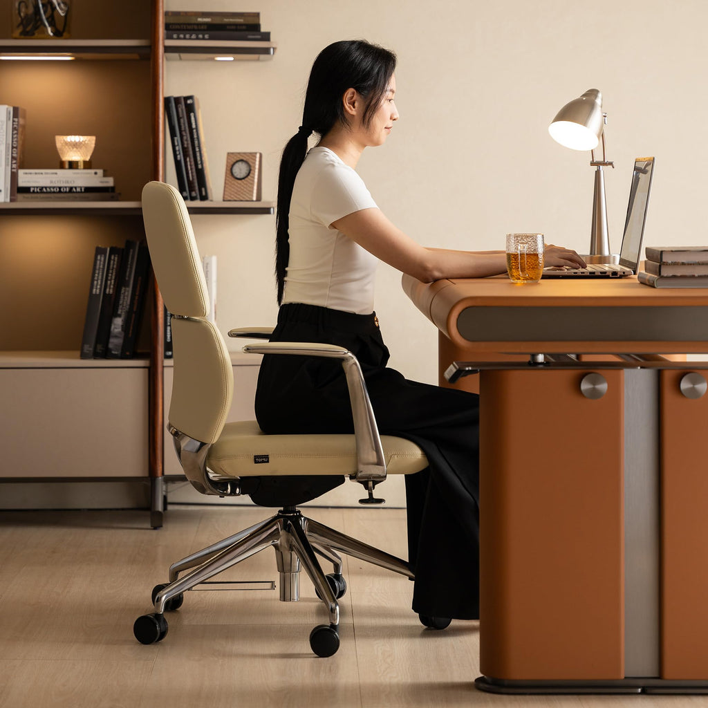 Genuine Leather Office Desk Chair with Wheels, Ergonomic Leather Executive Chair, Mid Back, Swivel Base with Adjustable Tilt, Modern Style, Luxury Aluminum Frame (Beige)