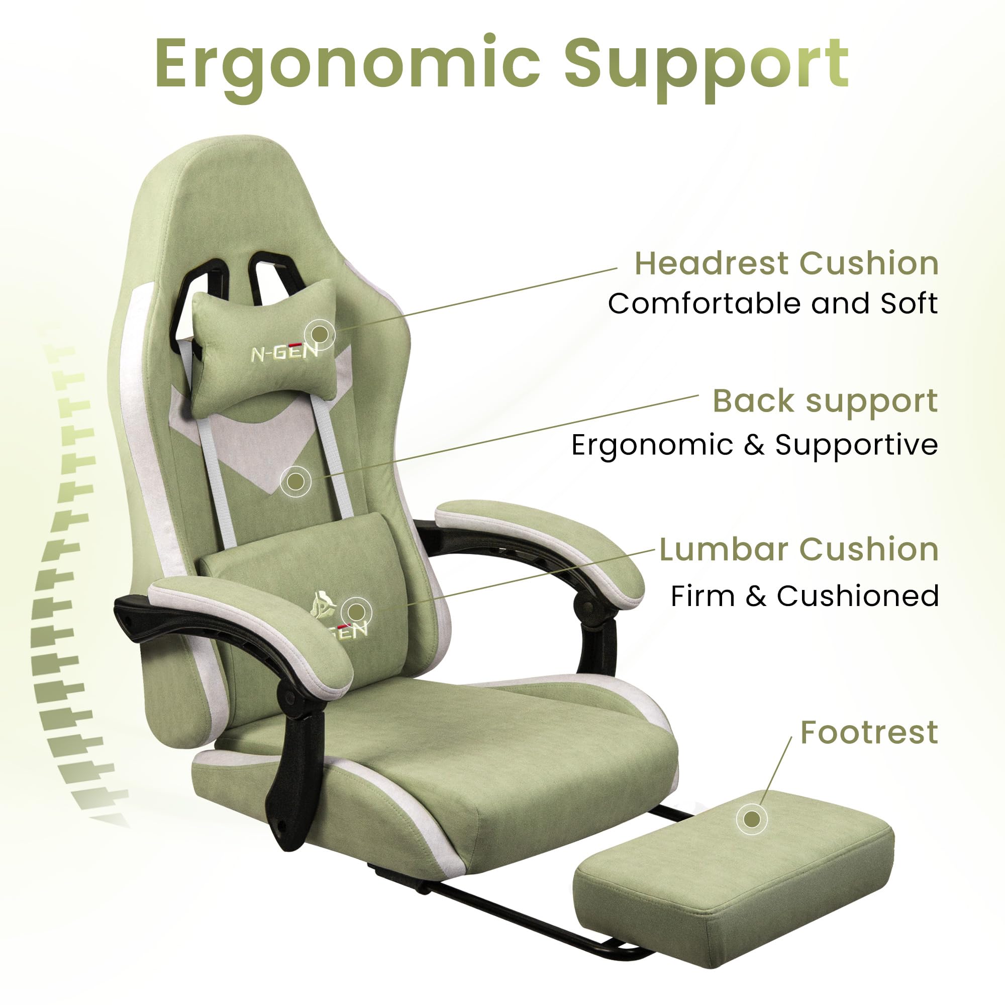 Gaming Chair with Footrest Lumbar Support for Home Office High Back Recliner Height Adjustable Ergonomic Comfy Fabric Computer Desk Chair (Green)