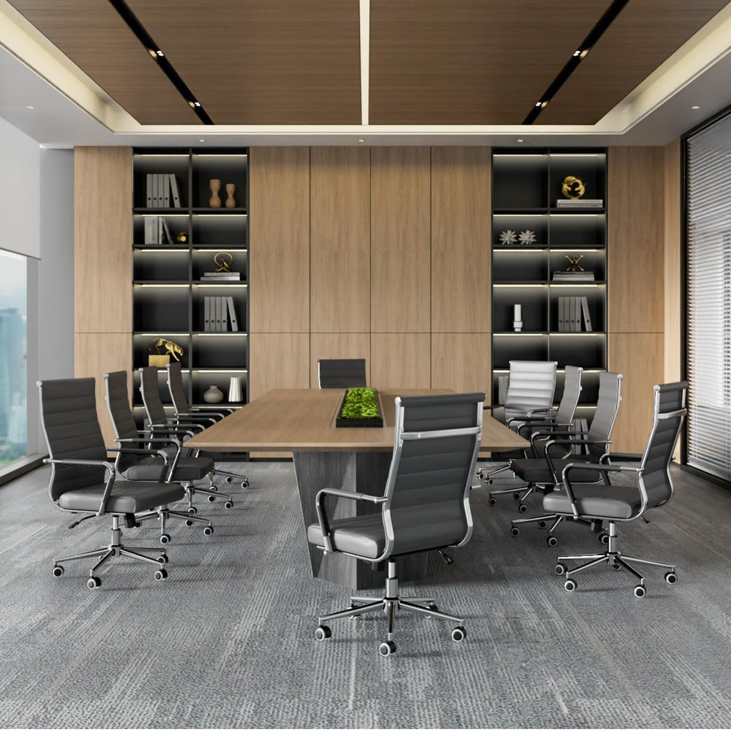 Grey Office Desk Chair, Ergonomic Leather Modern Conference Room Chairs, Executive Ribbed Height Adjustable Swivel Rolling Chair for Home Office.