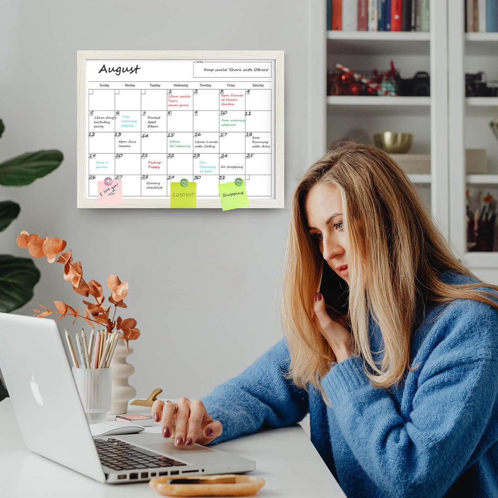 Calendar Whiteboard for Wall, 17x13 Inches Dry Erase Calendar for Wall, Small Magnetic Monthly White Board with Wood Framed, Hanging Dry Erase Board for Kitchen Home Office School Planner