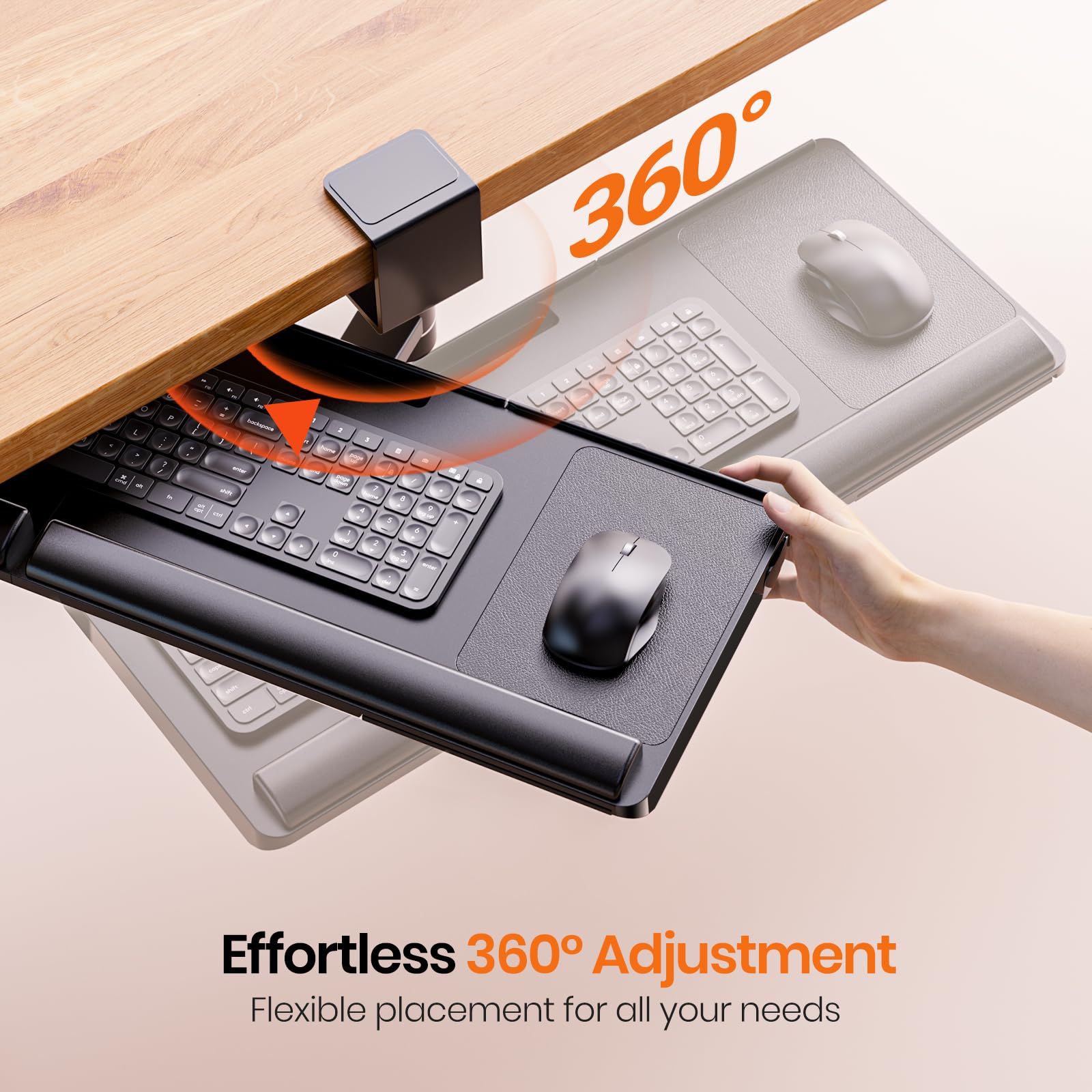 Keyboard Tray Under Desk with 360° Rotation, Ergonomic Computer Keyboard & Mouse Tray 25"W×11.02"D Sit Stand Desk Keyboard Holder w/Wrist Rest & Storage Drawer (Height is not Adjustable)