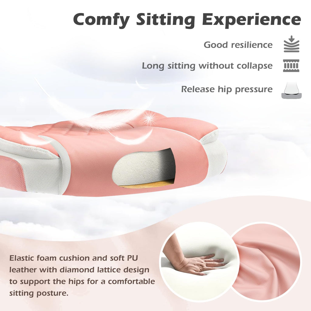 Pink Office Chair Ergonomic Desk Chair with Lumbar Support, Flip-Up Arms, Adjustable Swivel Computer Chair with Wheels, Comfortable PU Leather Cute Office Chair for Home Office Small Space