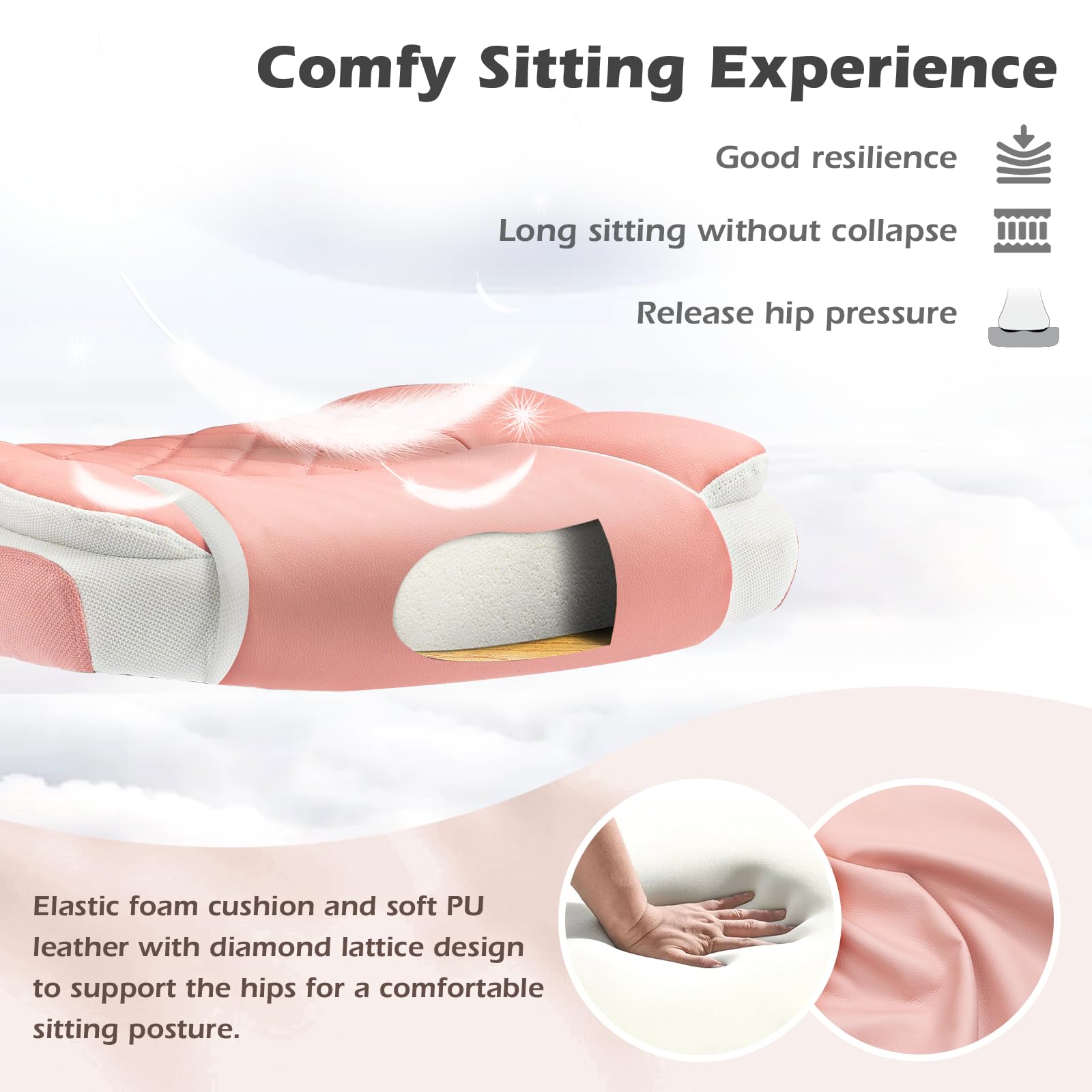 Pink Office Chair Ergonomic Desk Chair with Lumbar Support, Flip-Up Arms, Adjustable Swivel Computer Chair with Wheels, Comfortable PU Leather Cute Office Chair for Home Office Small Space